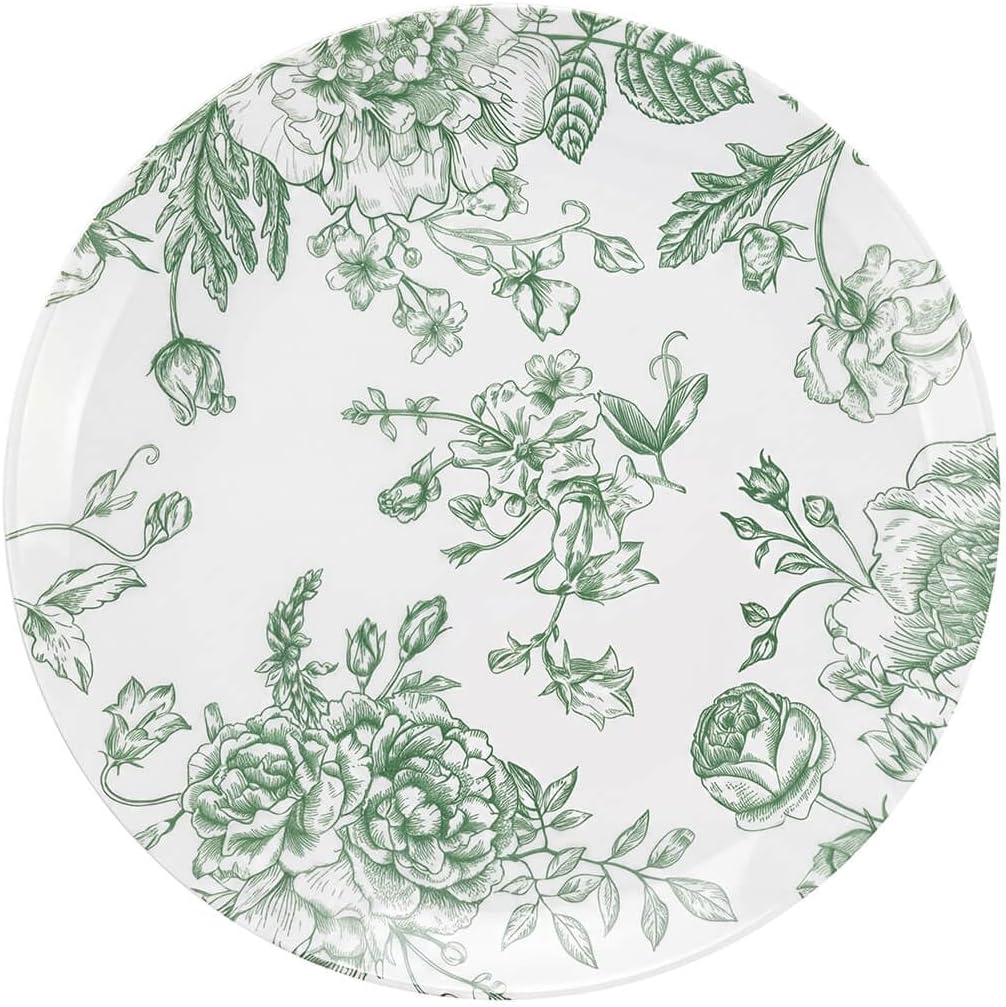 Efavormart 10-Pack French Toile Plastic Dessert Plates – Sage Green & White Floral, 7" Round Disposable Salad Plates
