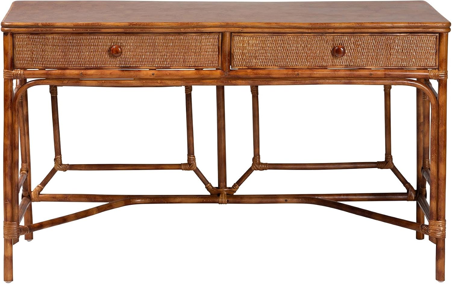 Bali & pari Basile Marbled Tortoise Natural Rattan Desk - 2-Drawer Writing Desk with Open Geometric Frame and Woven Detailing for Home Office