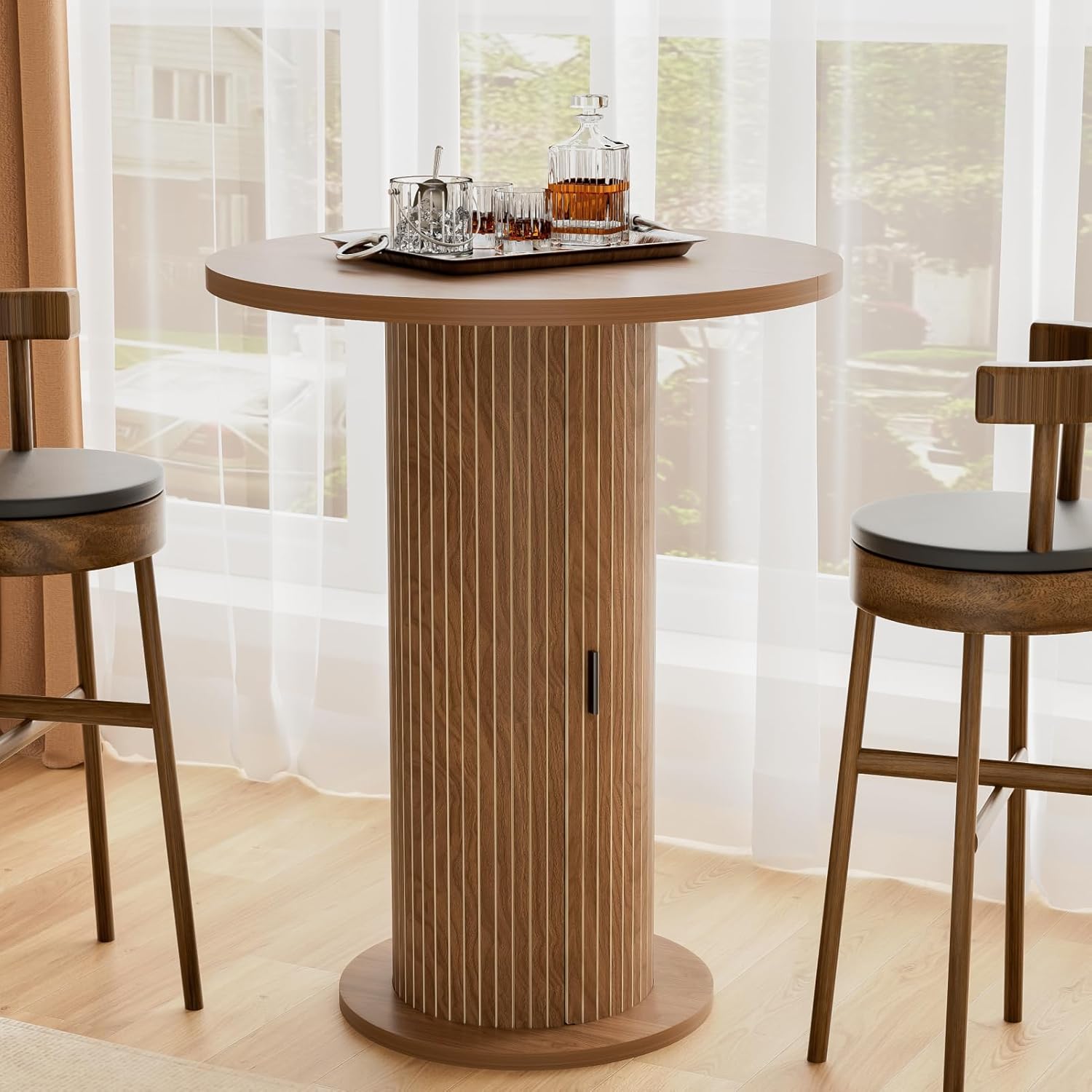Bar Table with Storage and Sliding Door, 39.4” H 31.5” W Small Round Kitchen Table, Home Bar High Top Cocktail Table for Kitchen, Coffee Bar, Living Room