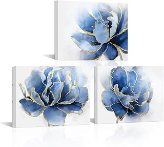 WELMECO Flower Canvas Wall Art Floral Painting Prints Flower Wall Decor Pictures Farmhouse Bathroom Kitchen Decor,12x16inchx3Pieces (Blue)