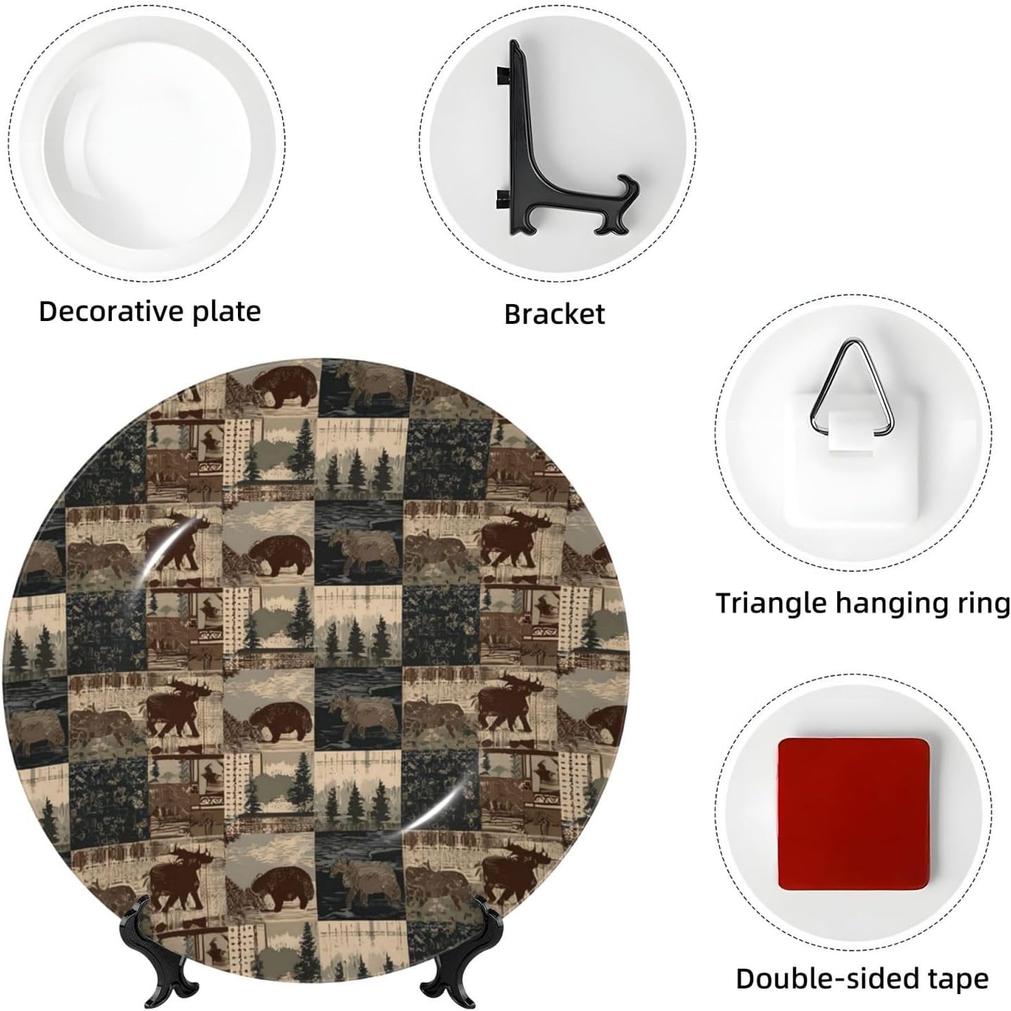 Decorative Plate 10in Bone China Dessert Plates with Display Stand Ceramic Ornament Ceramic Rustic Lodge Bear Moose Decorative Plates Art Crafts Porcelain Plate for Home Club Living Room