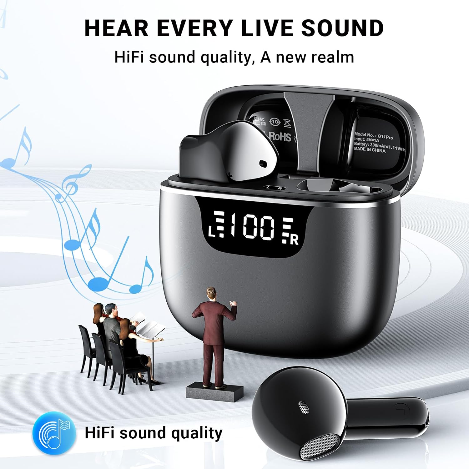 Wireless Earbuds, Bluetooth 5.4 Headphones with 42H Ultralight Ear Buds, Bluetooth Earbuds with 4 ENC Noise Cancelling Mics, HiFi Deep Bass Dual LED Display USB-C, IPX6 Waterproof Earphones Black