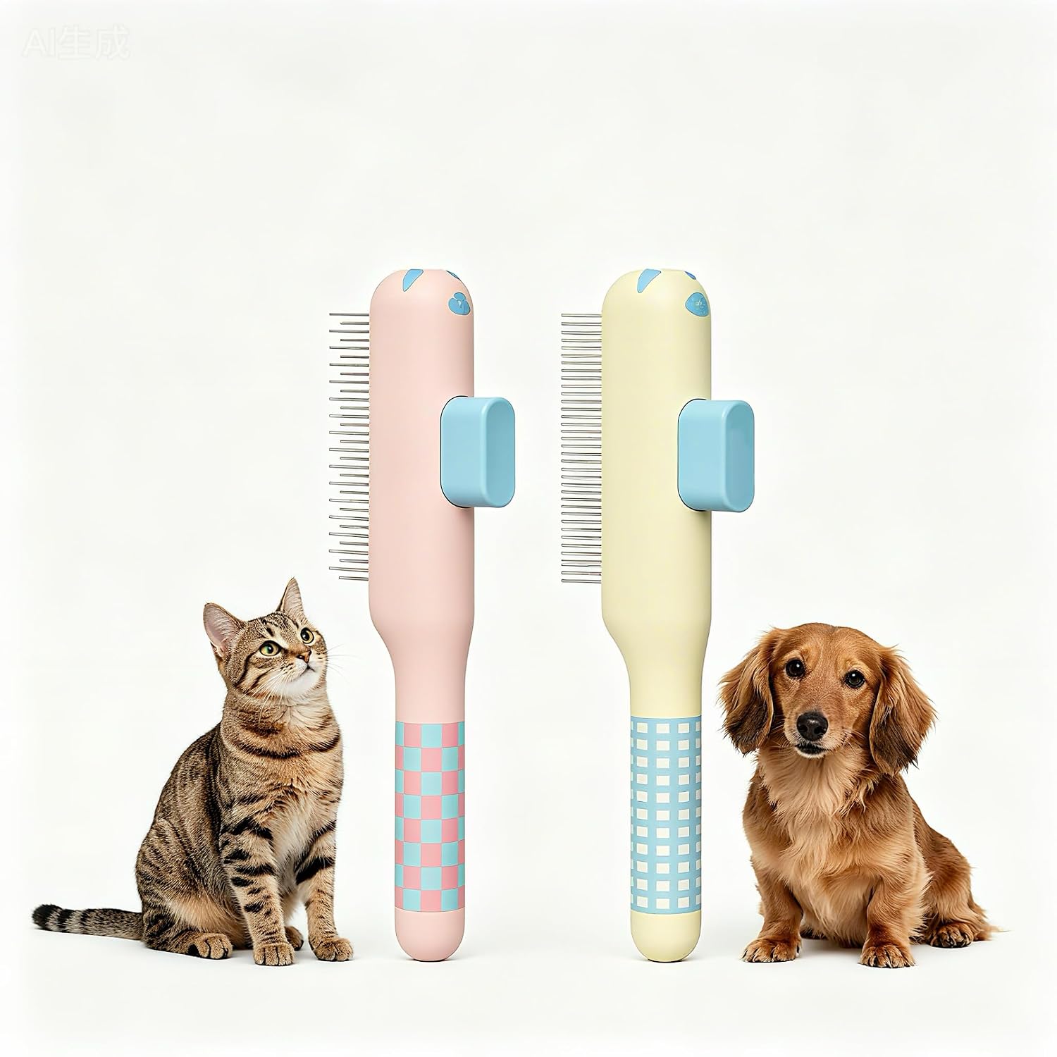 2Pcs Flea Comb, Long & Short Metal Teeth,Yellow & Pink