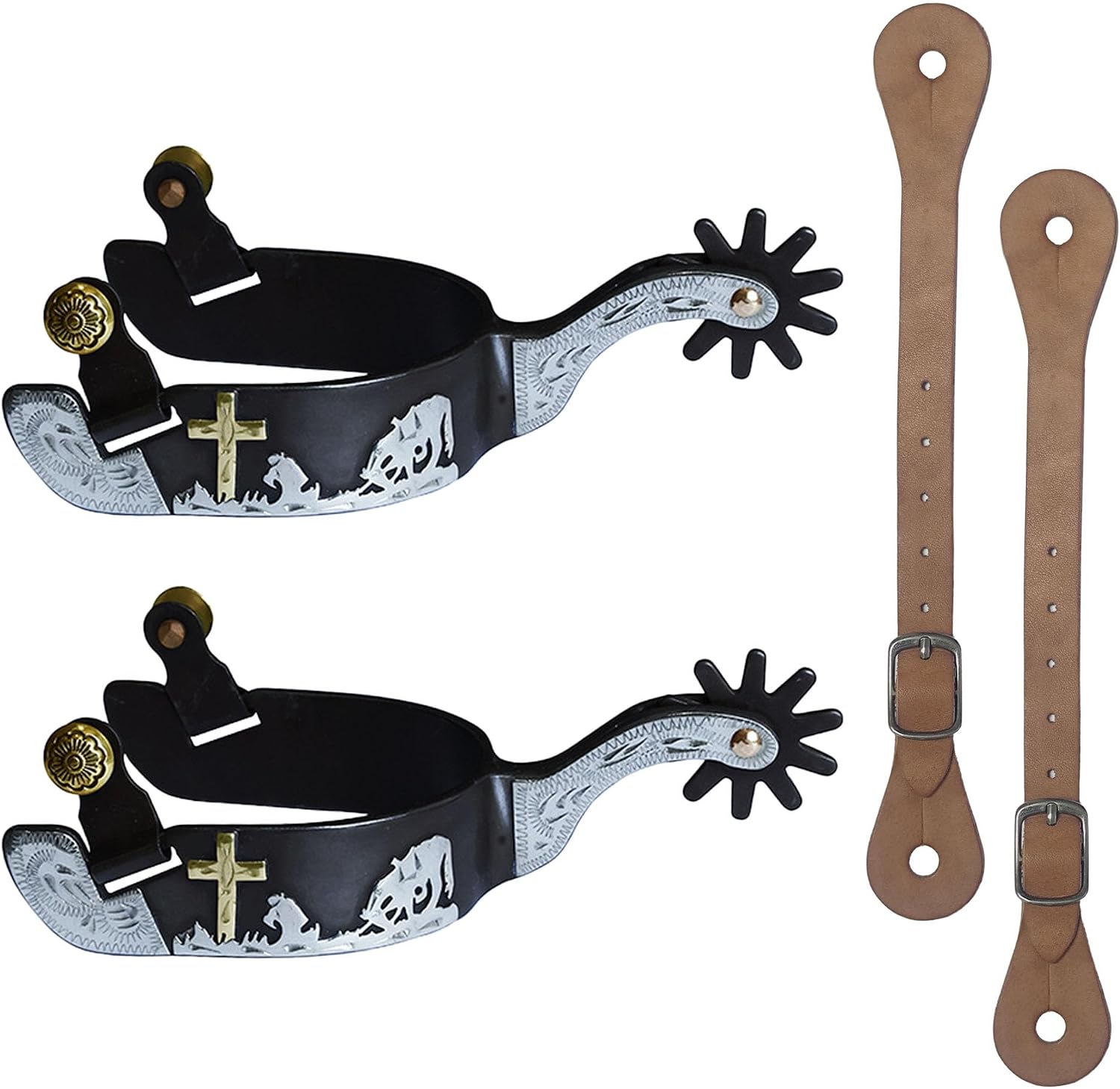 Cowboy Spurs for Western Riding - Low Carbon Steel Rust-Proof Spurs with Real Leather Belt & Hand Carved Antique Brown Design for Horse Training, Competition, Ranch and Trail Use for Adults