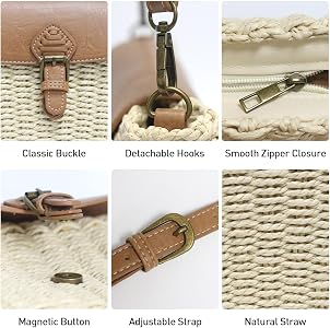 Sac Bandoulière Fourre-tout En Paille Beige/marron - Tressé, Réglable, Zippé, Femme, Neuf