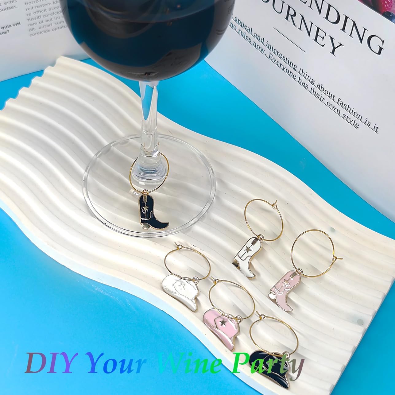 Set of 6 Cute Wine Glass Charms Cowboy Boots Hats Funny Wine Markers for Stem Glasses Party Favors Decorations