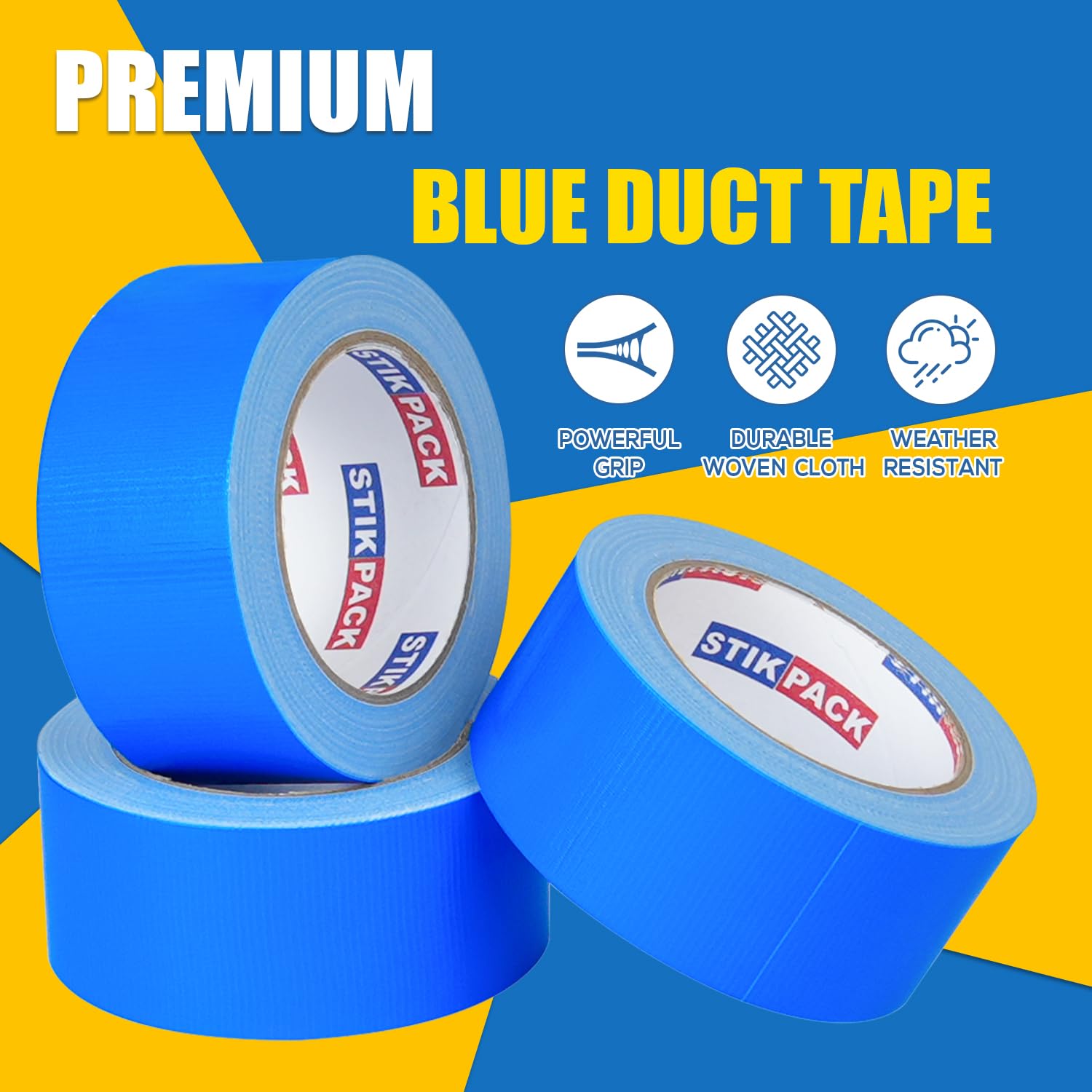3 Rolls Blue Duct Tape, Heavy Duty Strong Industrial Colored Duct Tape 9mil x 2inch x 25yds Flexible, No Residue, Waterproof and Tear by Hand, Multi-Use for Indoor & Outdoor Repairs