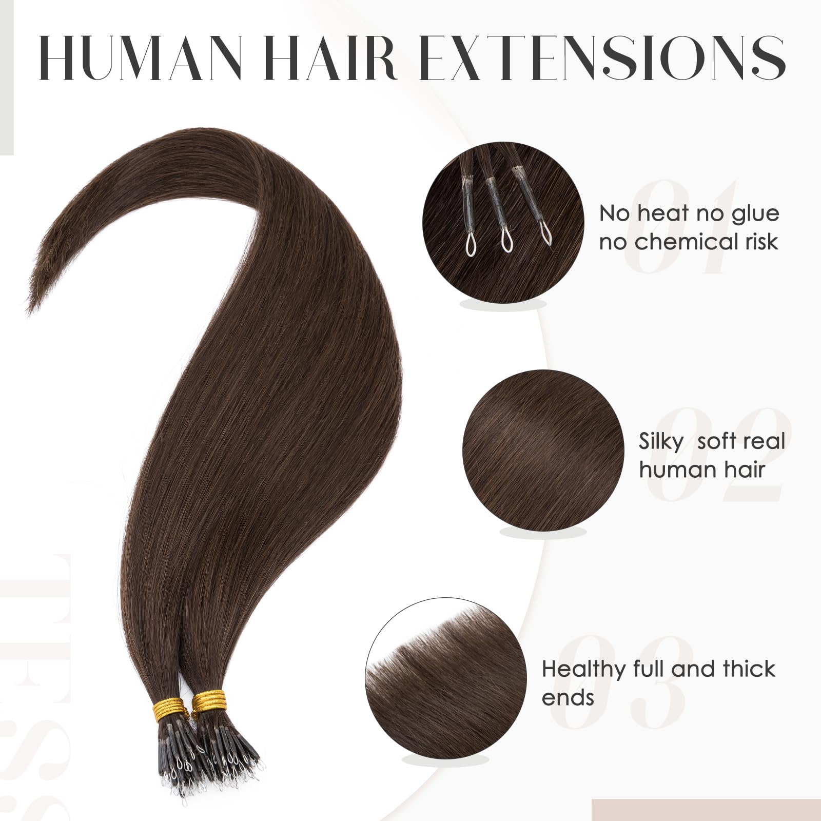 TESS Nano Beads Hair Extensions 100% SSS Grade Real Human Hair for Women UK #02 Dark Brown 14 Inch 35g (Nano Rings Tip Included) - Image 3