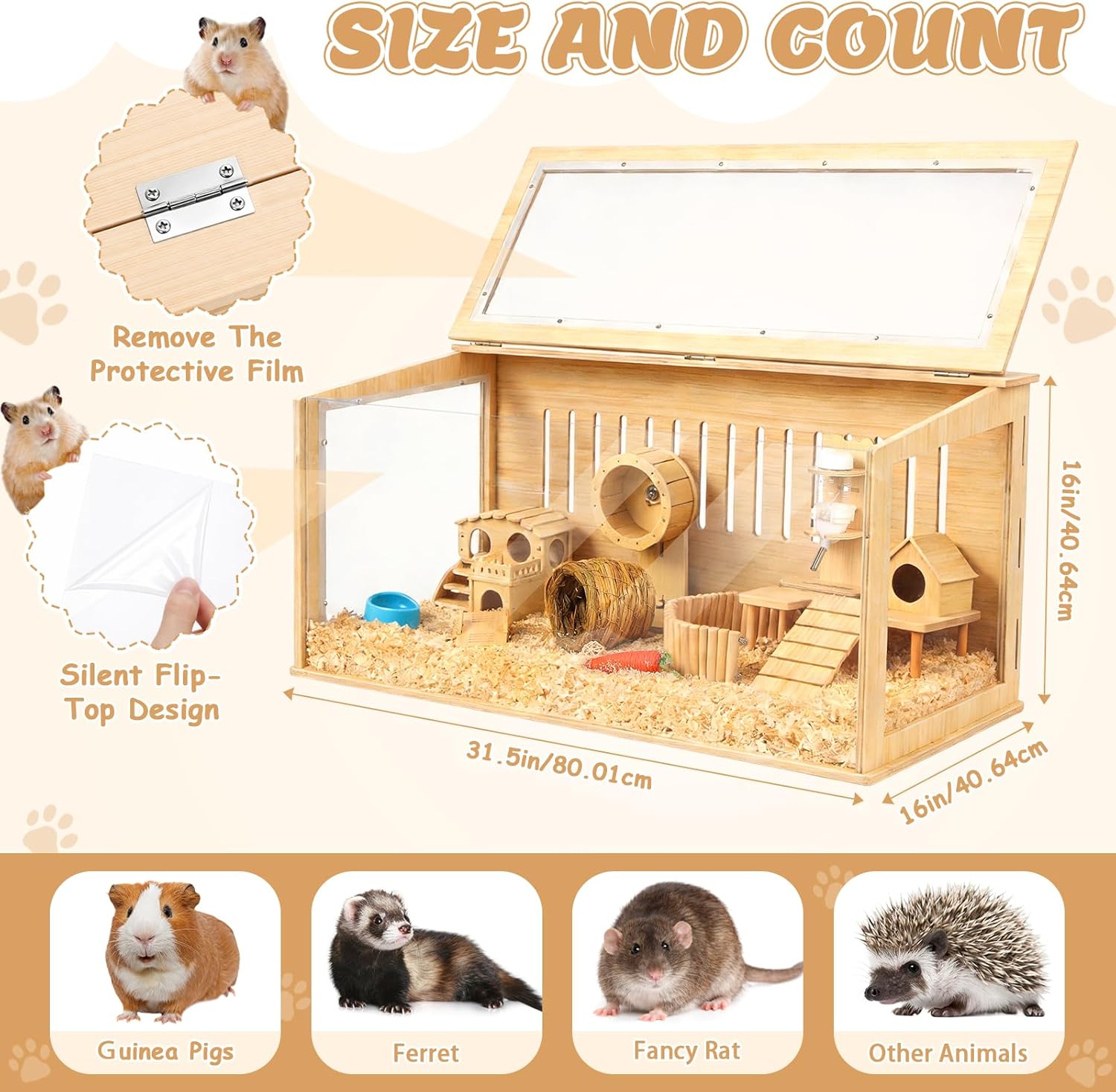 Leinuosen 14 in 1 Wooden Hamster Cage 32 Inch Guinea Pig Cages with House Water Bottle Wheel More Guinea Pig Cage Accessories Large Hamster Cages and Habitats Acrylic Openable Top for Small Animal