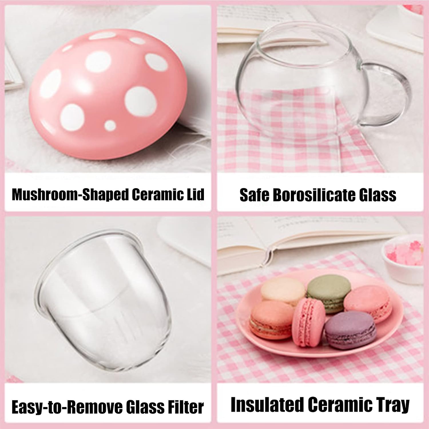 Mushroom Cup Cute Glass Tea Cup with Infuser and Lid Kawaii Mushroom Mug Set Coffee Teapot with Ceramic Coasters 11oz (Yellow)