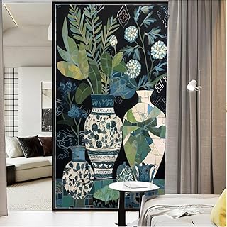 Floral Vase Window Privacy Film Plant Abstract Green Plants Stained Glass Window Film Decorative Window Cling for Home Window&Glass Door, Sun Blocking 17.7Wx23.6L