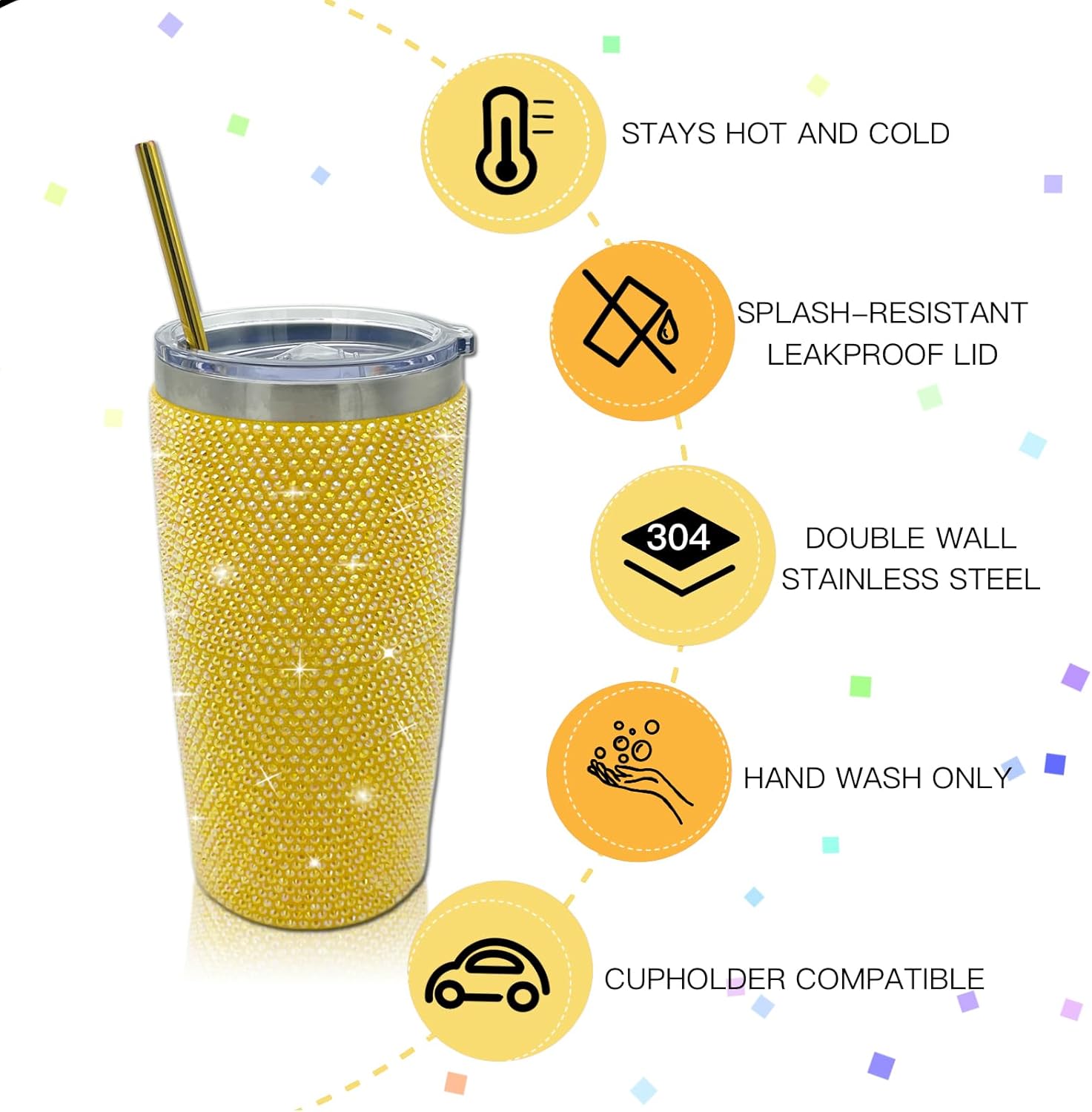 Bling Rhinestone Tumbler 20oz Stainless Steel Studded Glitter Thermal Cup with Leak proof Lid and Straws Double Wall Vacuum Insulated Portable Travel Coffee Mug (Yellow) - Image 4