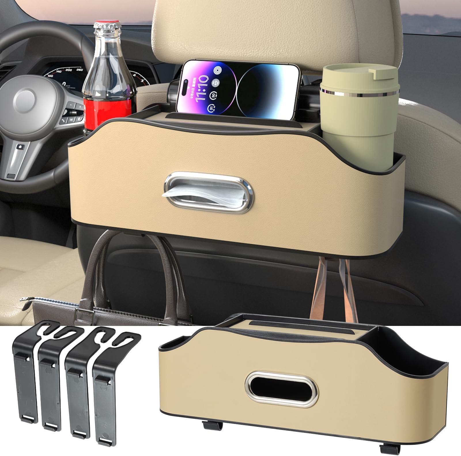 Back Seat Cup Holder for Car – Multifunctional Rear Seat Organizer with Drink Holders, Tissue Box Storage & Hooks, Fits Headrest for Auto, Family Travel Accessories. (Beige)