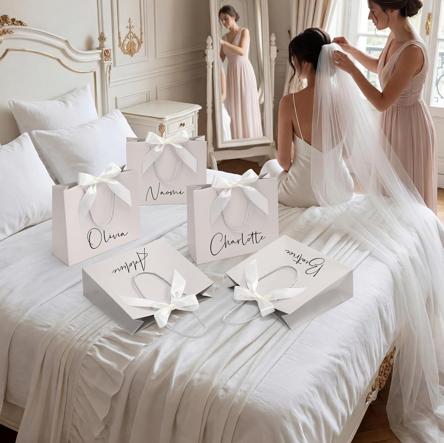 Silkfly 12 Pcs Paper Gift Bags with Handles & Bow Ribbon, Ivory image 5