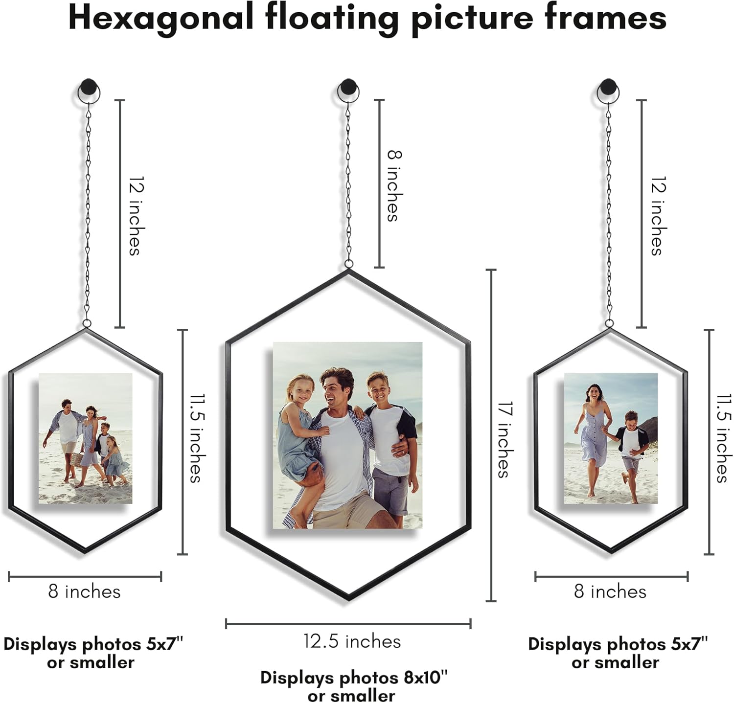 Americanflat Metal Floating Frame with Chain - Set of 3 - Use as 8x10 or 5x7 Frame - Pressed Flower Display for Wall Decor - Elegant Black Molding with Shatter-Resistant Glass