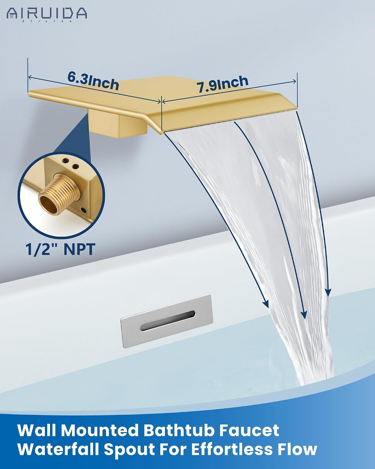 Airuida Wall Mount Tub Faucet with Waterfall Tub Spout Wall Mounted Bathtub Faucet with Handheld Shower Single Handle Tub Filler Shower Faucet Set with Rough-in valve Bevel Angle Spout Brushed Gold