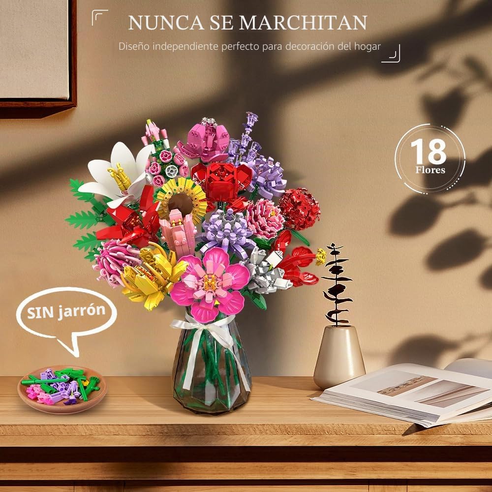 HOGOKIDS Juego de construcción de Ramo de Flores, Colección botánica de 18 Flores Artificiales, 1464 Piezas Decoración del hogar Ramo Plantas, Regalo Creativo para Adultos Niños Niñas 8+ años