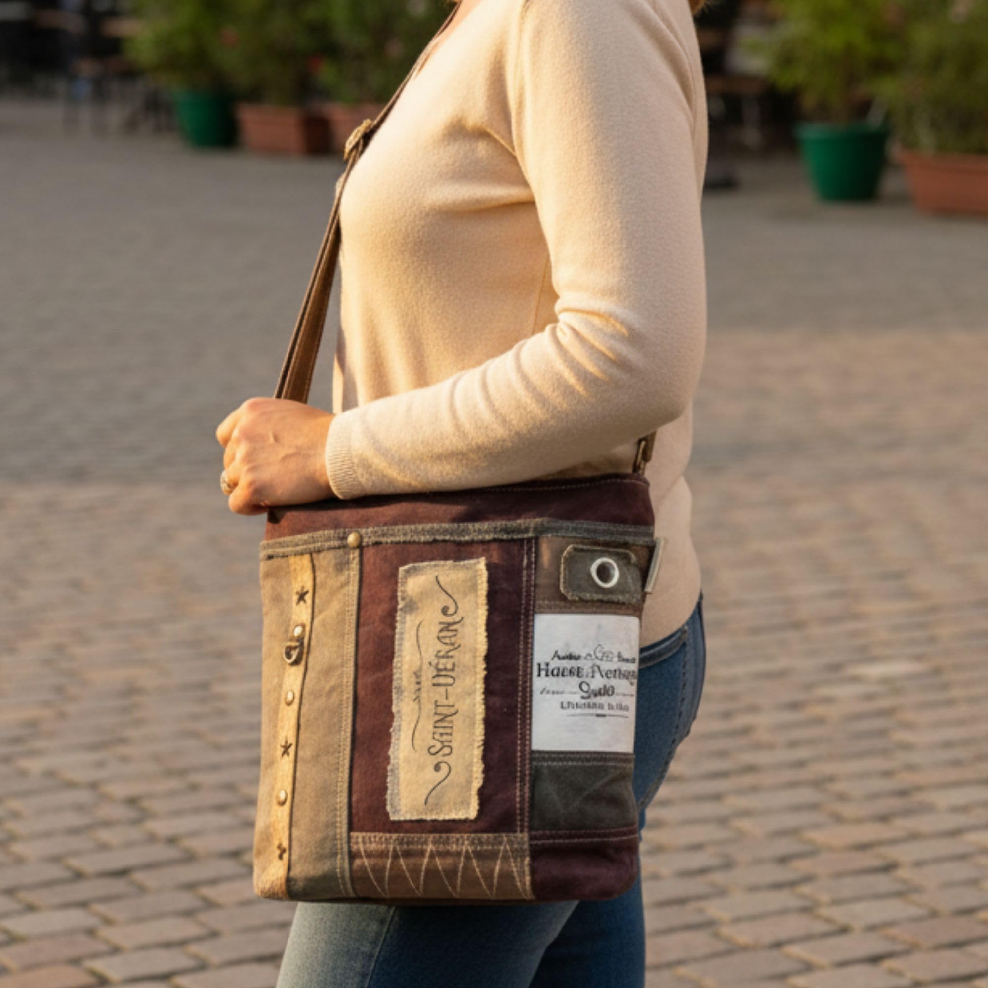 Sunsa Umhängetasche. Große Damen Tasche aus Canvas & Leder, braun khaki
