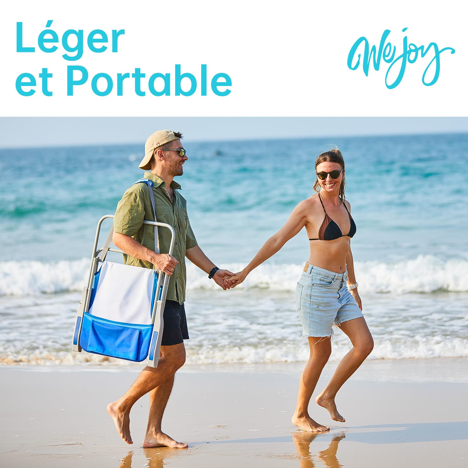 #WEJOY Chaise de Plage Pliable Fauteuil de Plage avec Dossier Haut Chaise de Camping Pliante Chaise de Pêche avec Accoudoirs, Charge Max 136 kg pour Camping Extérieur Plage Jardin Terrasse Lot de 1/2