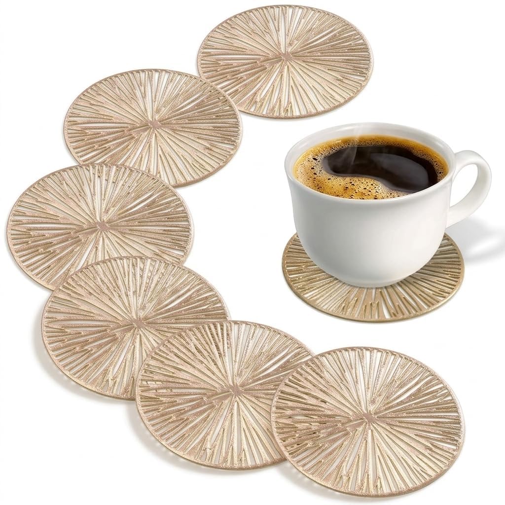 6Pcs Gold Round Cutout Coaster Set, Elegant Coasters for Dining Table for Hot Pots, Heat Resistant Round Table Protection Mats for Coffee Tea, Home Bar & Patio Daily Use-image-12