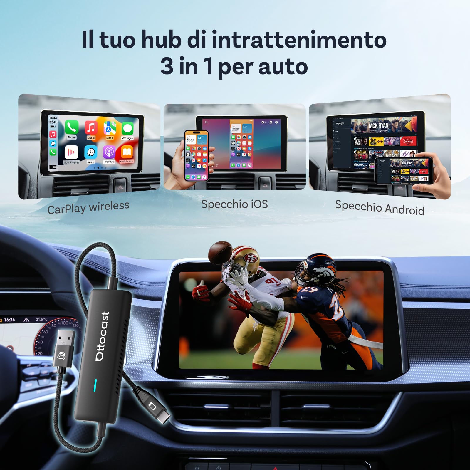 [Novità 2025] OTTOCAST Mirror Touch, Adattatore CarPlay Wireless con Controllo Touch Bidirezionale, Funziona con iPhone 15+ e Telefoni Android con Funzione DP per Auto con CarPlay Cablato di Fabbrica