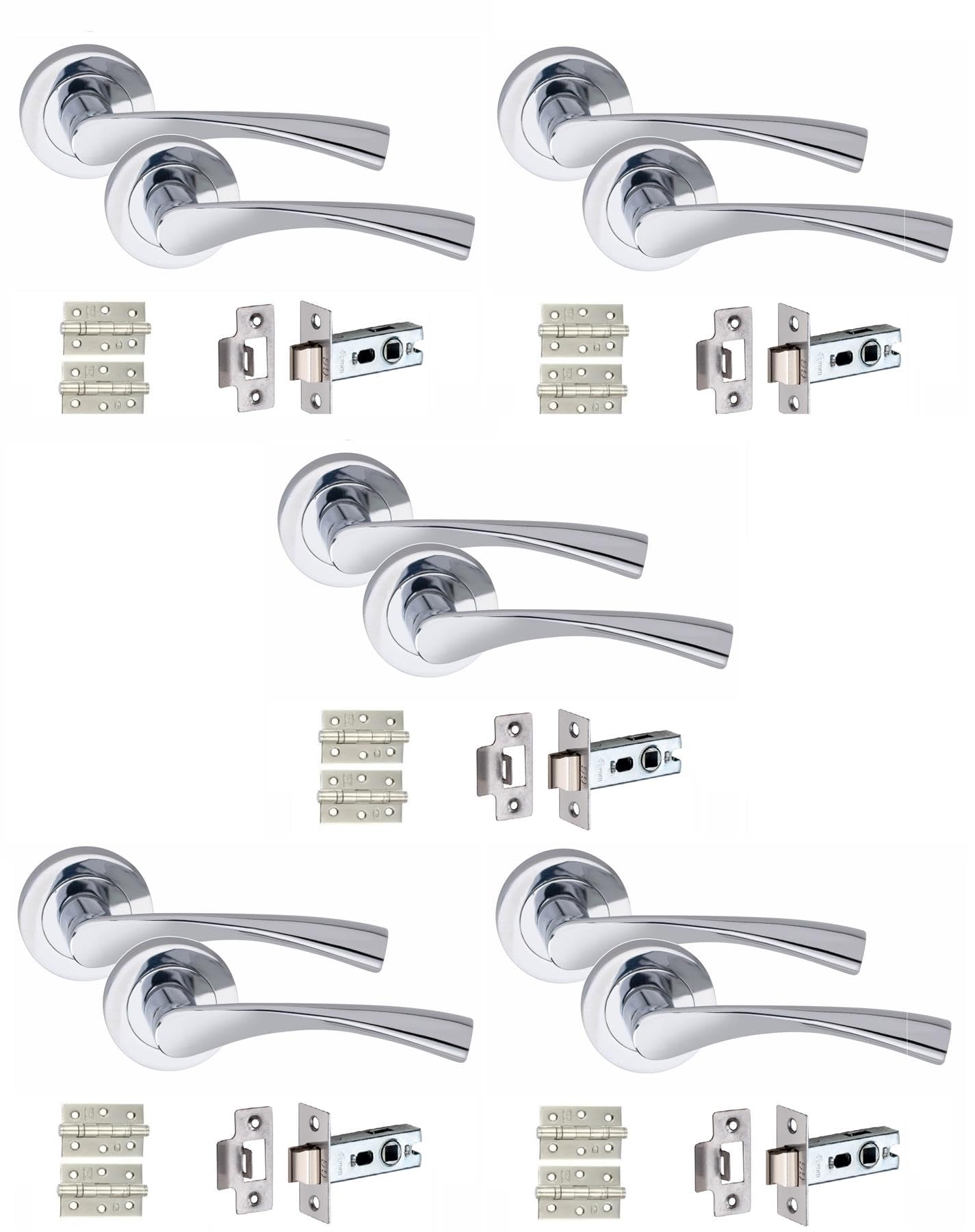 Golden Grace 5 Set Astrid Design Door Handles with Tubular Latch and 1 Pair of 3" Ball Bearing Hinges Polished Chrome Finish