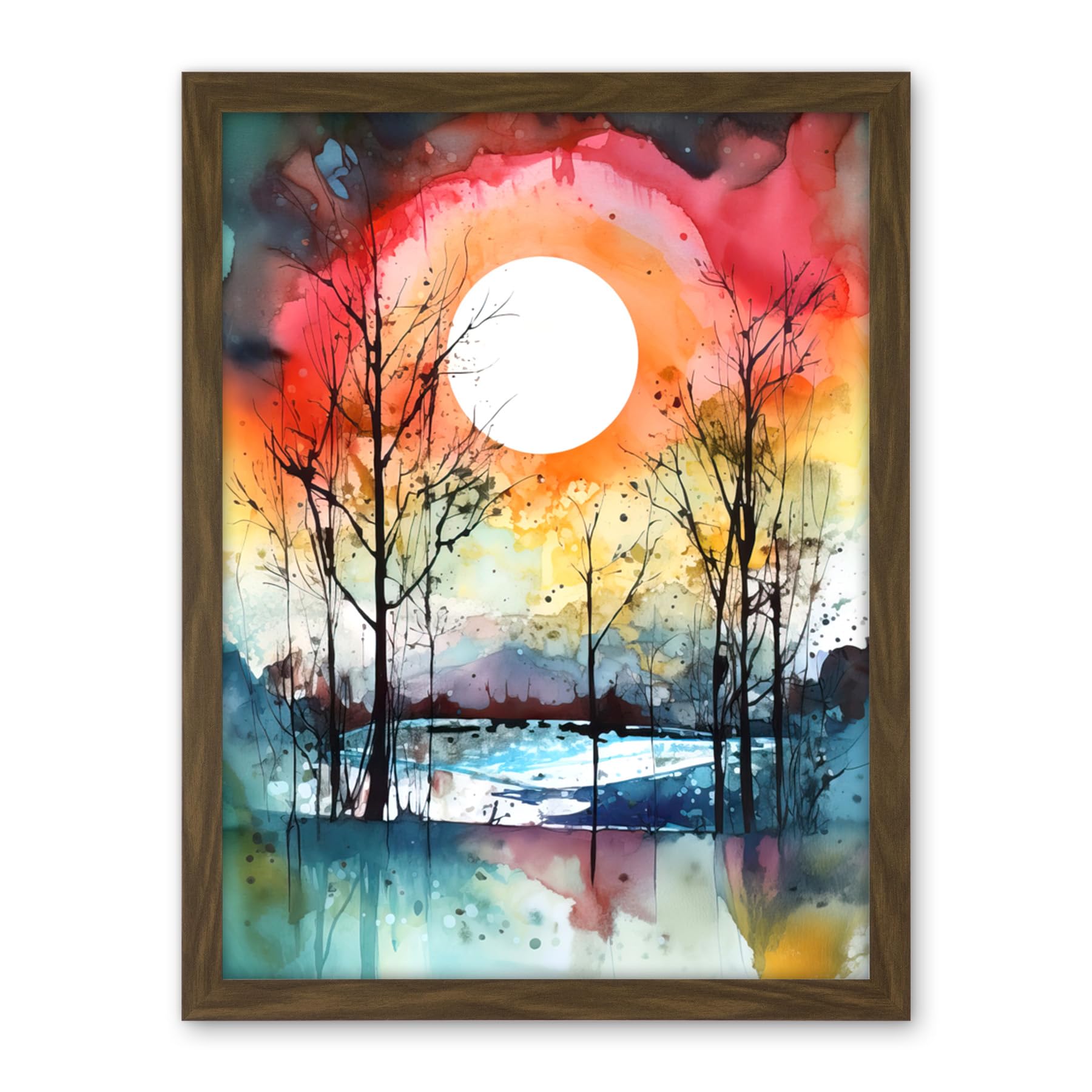 Artery8 Abstract Sunset Landscape Watercolour Painting Countryside Lake Autumn Trees Artwork Framed Wall Art Print 18X24 Inch