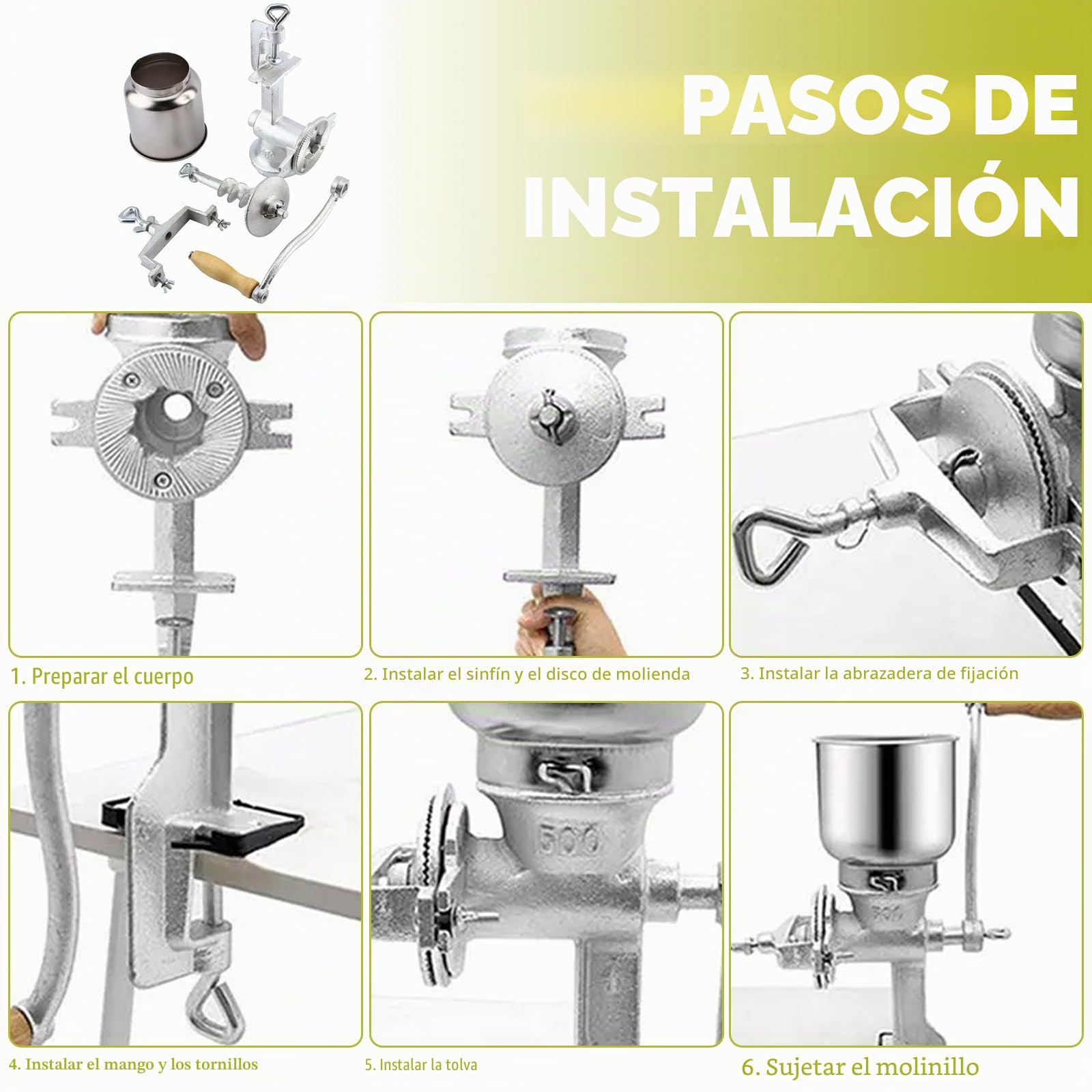 Molinillo de Cereales Manual con 13cm Tolva Grande & 4cm Abrazadera de Mesa,Finura de Molienda Ajustable,Molino de Mano de Hierro Fundido,para Nuez,Café,Grano,Semillas,Maíz,Especias