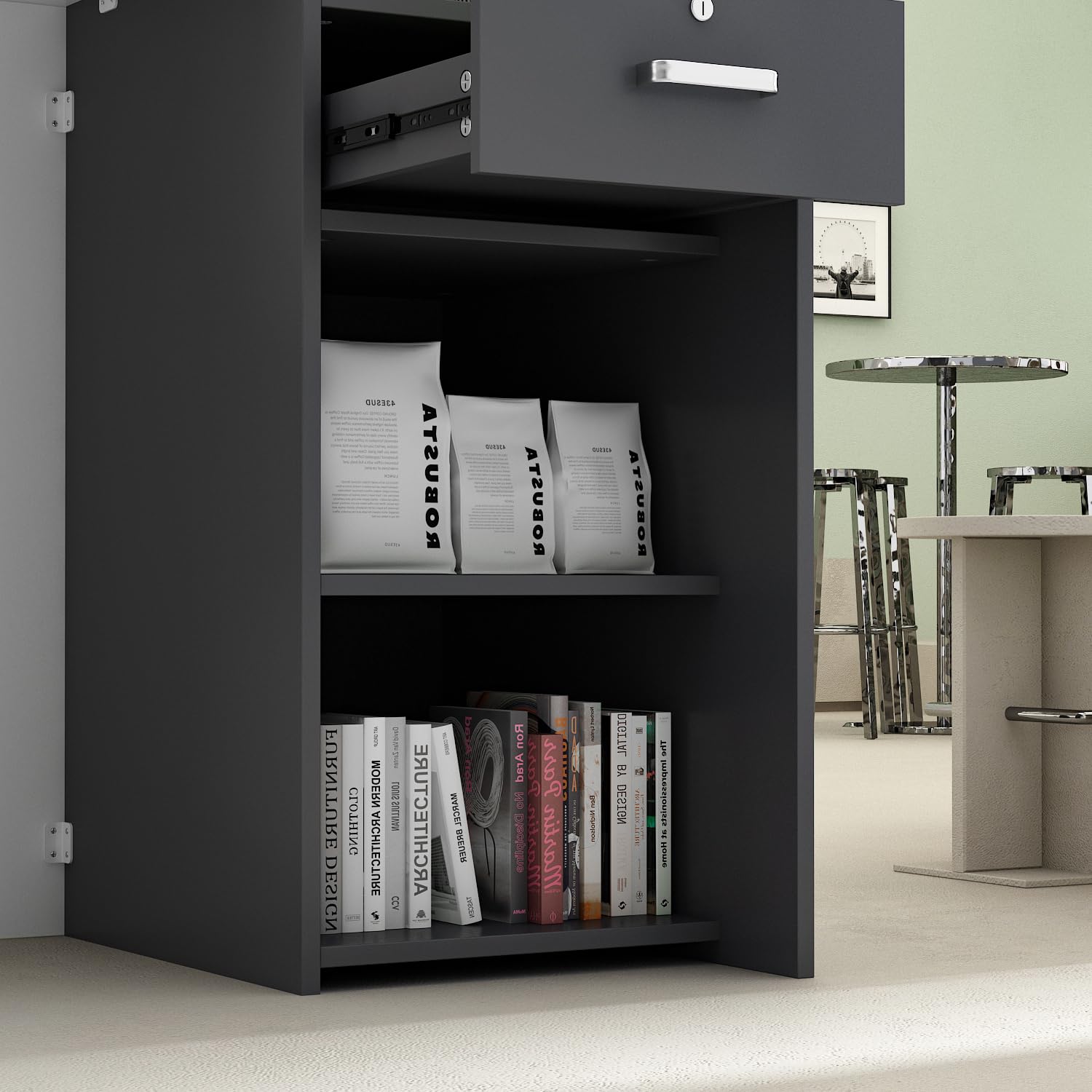 Caldion Banco di ricezione con spazio di archiviazione, tavolo da reception con cassetto e armadi chiudibili, banco di ricevimento, bancone per clinica, salone, hall, bianco e nero, 121 x 60 x 110 cm