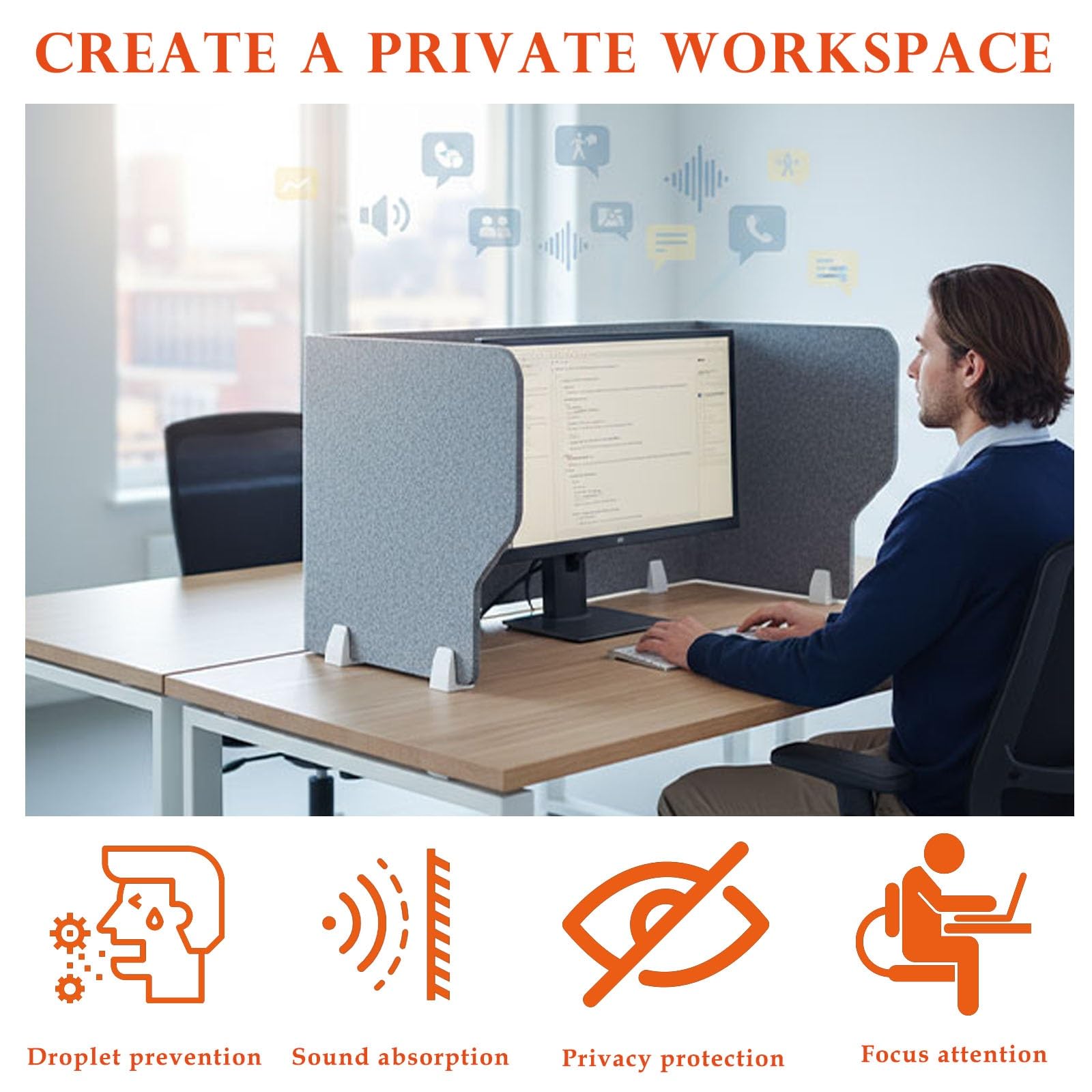 Séparateur acoustique de bureau, 80 cm, feutre, réduction du bruit, cloison de bureau en forme de U, séparateur insonorisant pour espace de travail pour une meilleure concentration et un confort