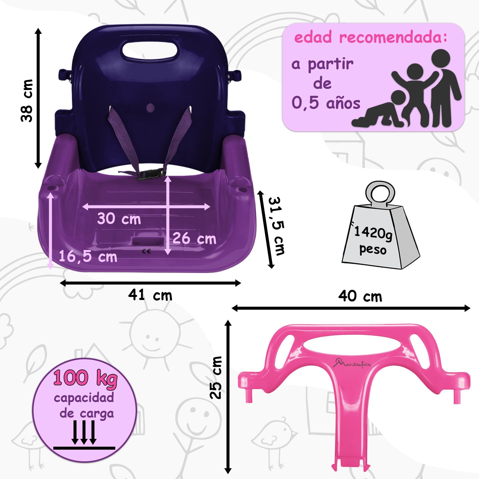 Montafox Columpio para niños bebés 3 en 1 Ajustable en Crecimiento con Respaldo arnés con Correa, Color:Lila