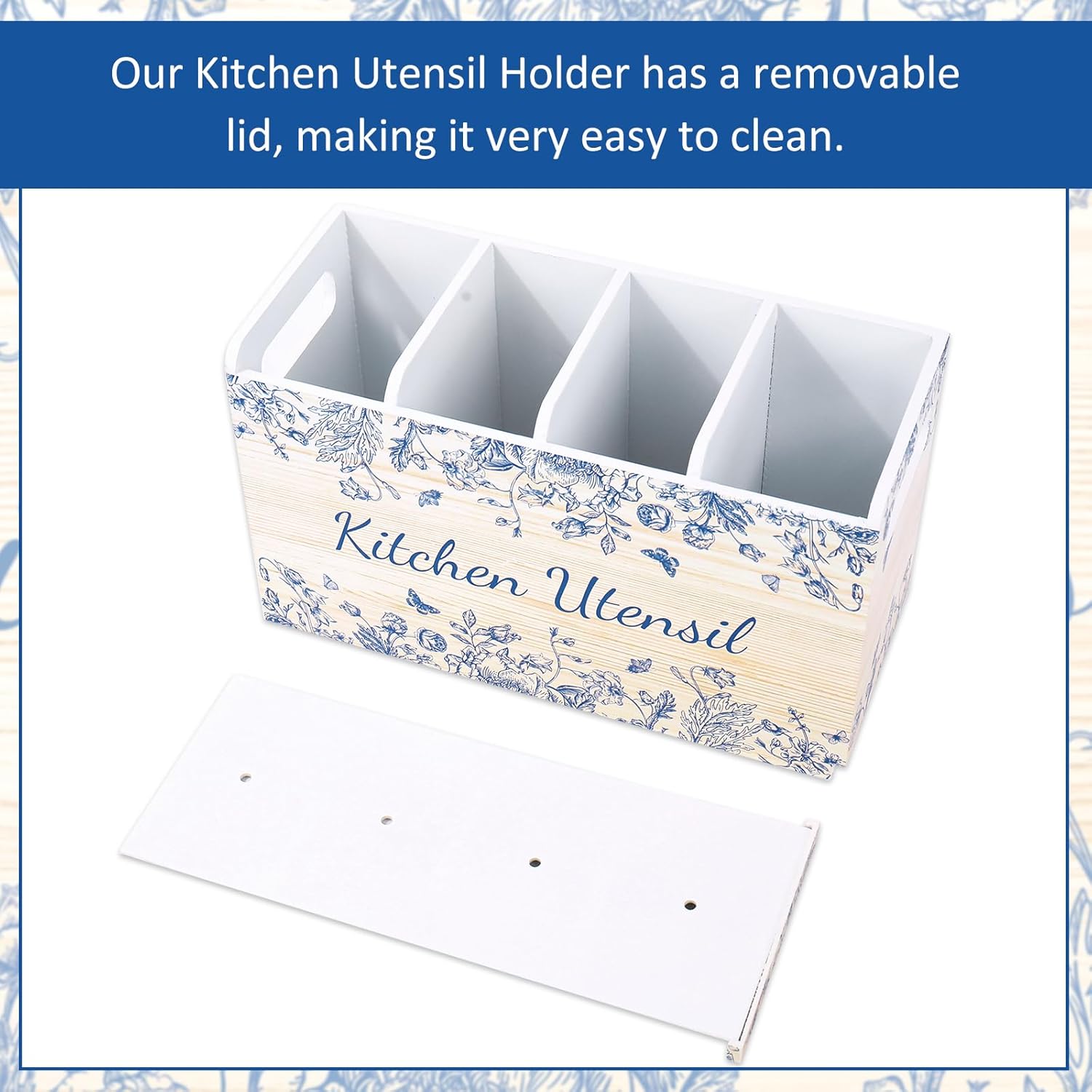 JarThenaAMCS Blue Floral Wooden Utensil Holder 4 Compartment Chinoiserie Flower Butterfly Large Cooking Utensil Organizer for Home Kitchen Countertop Storage Container