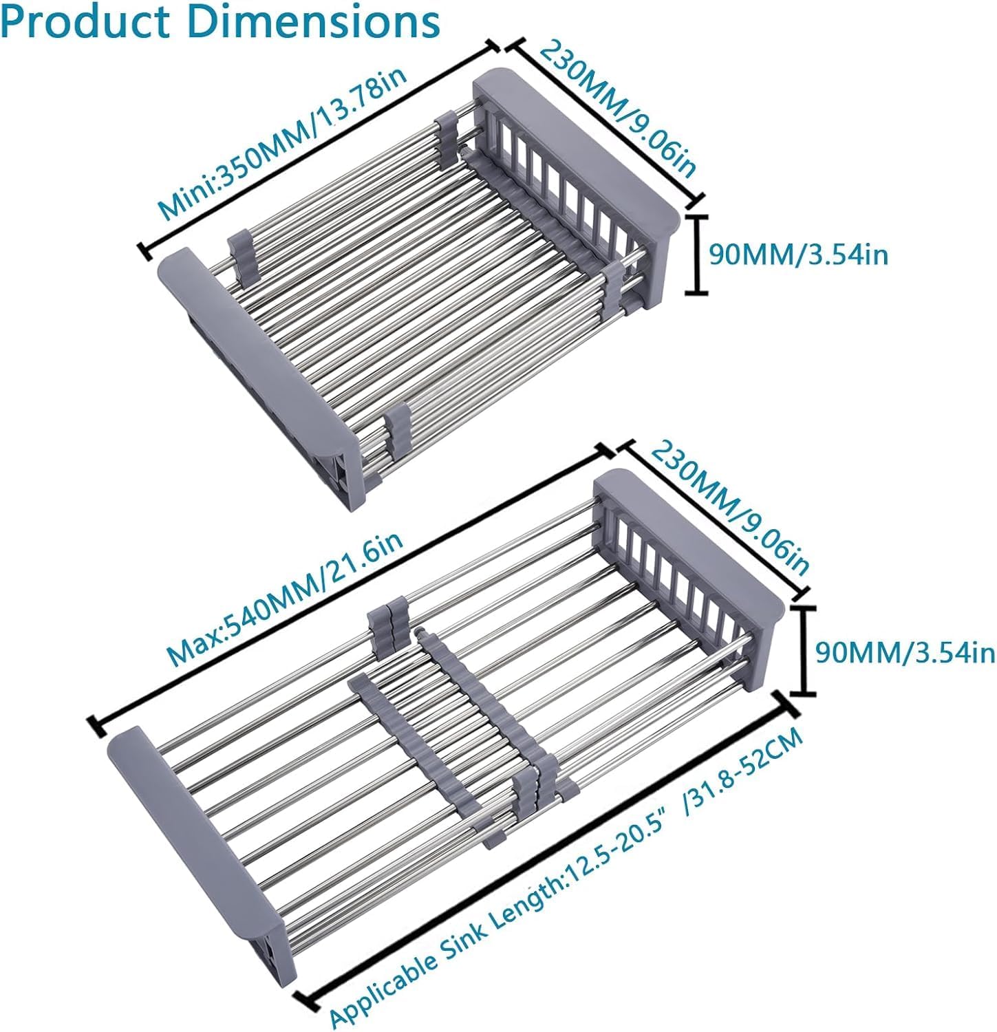 Over The Sink Dish Drying Rack, Stainless Steel Expandable Telescopic Drain Basket with Adjustable Arms - Functional Kitchen Sink Organizer for Dishes, Vegetables & Fruits (Large, Grey)