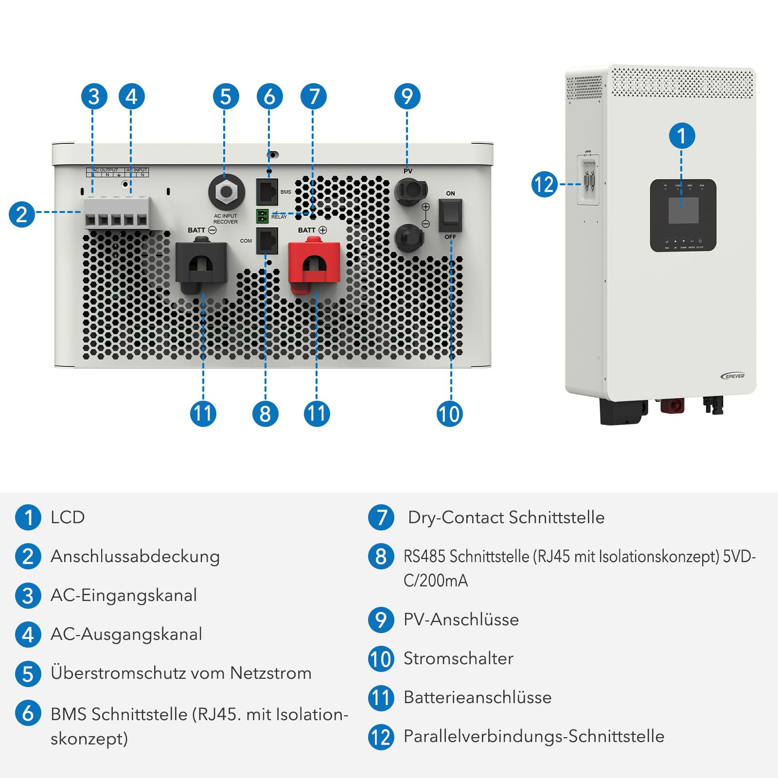 EPEVER® Hybridwechselrichter Inverter/Charger_3500W/48VDC/60A, ideal für Wohnmobile, Campingausrüstung, Marineanwendungen und Notstromsysteme.