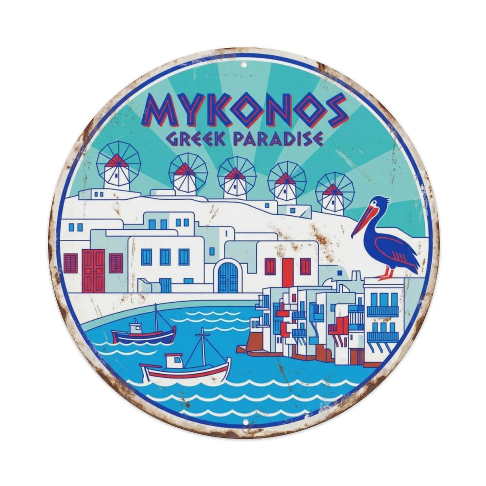 Vintage Travel Mykonos Windmill Aegean Metal Tin Sign Plaque Wall Decor for Cafe, Club Bar, Office, Home Garden Round Metal Poster 8x8Inch