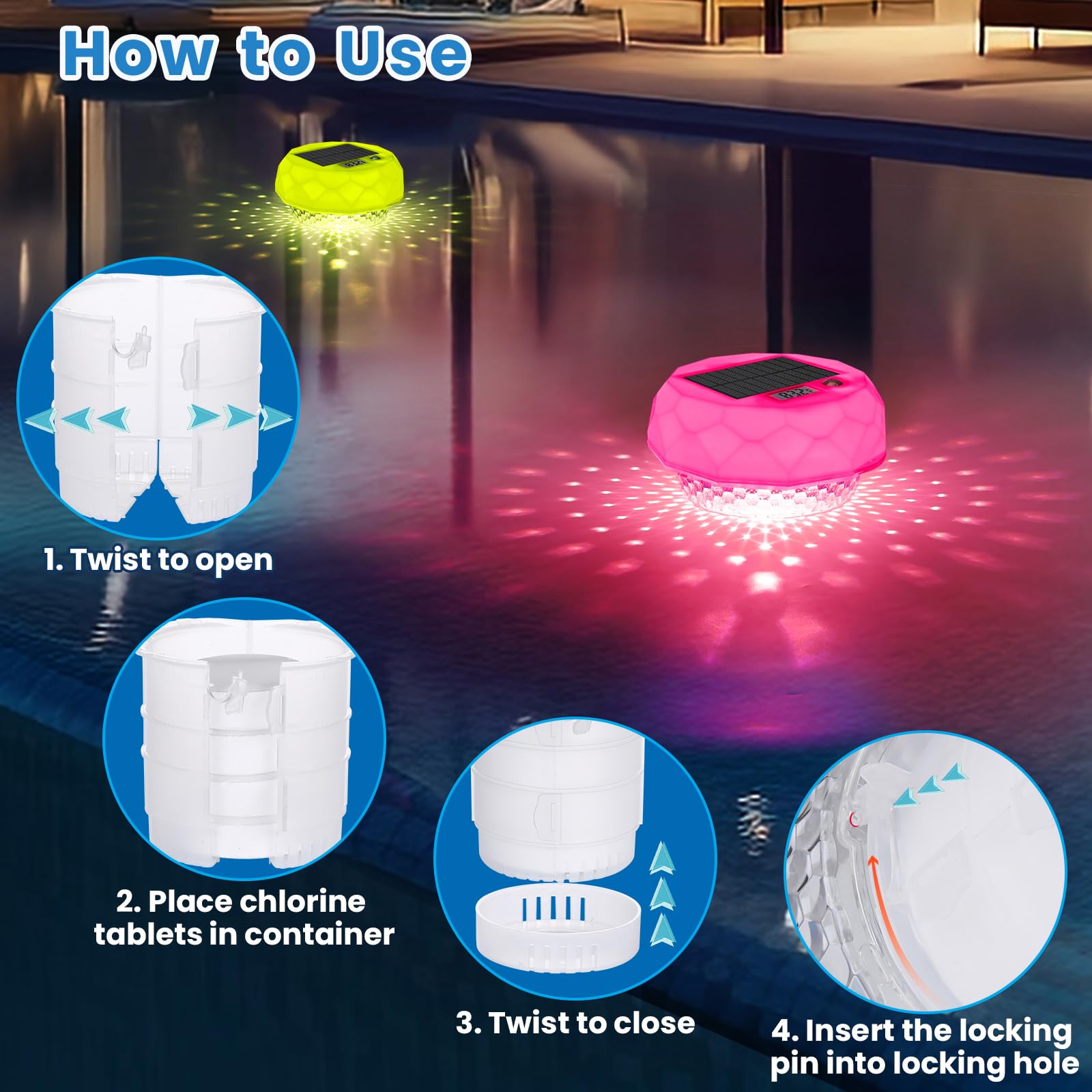 Qoolife Dosierschwimmer Pool mit Thermometer, Solarlicht LED 8 Farbmodi, Timer, wasserdichte, Pool Dosierer Chlorspender Pool Schwimmer mit Fernbedienung Einstellbar Faltbar Chlortabletten Dosierer