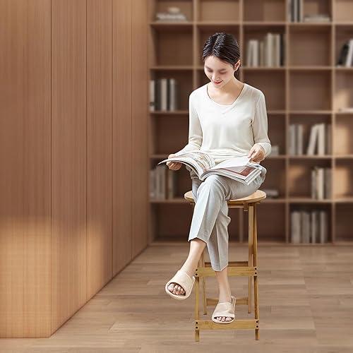 Miniatura 4 de Offabing Taburete de bar plegable de bambú, taburetes de altura de encimera de cocina de 29.5 pulgadas con respaldo y reposapiés, silla de bar