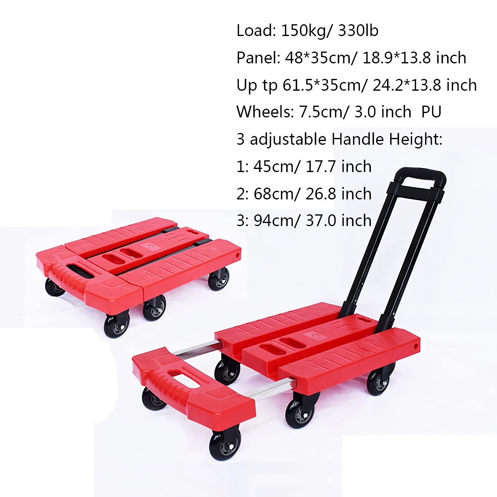 Generisch Dieser Faltbare Transportwagen mit 6 Rädern und ausziehbarem Griff eignet Sich ideal für den Transport von Gepäck, Büro, Zuhause und auf Reisen. Tragkraft: 150 kg (Farbe: Rot, Größe: 3).