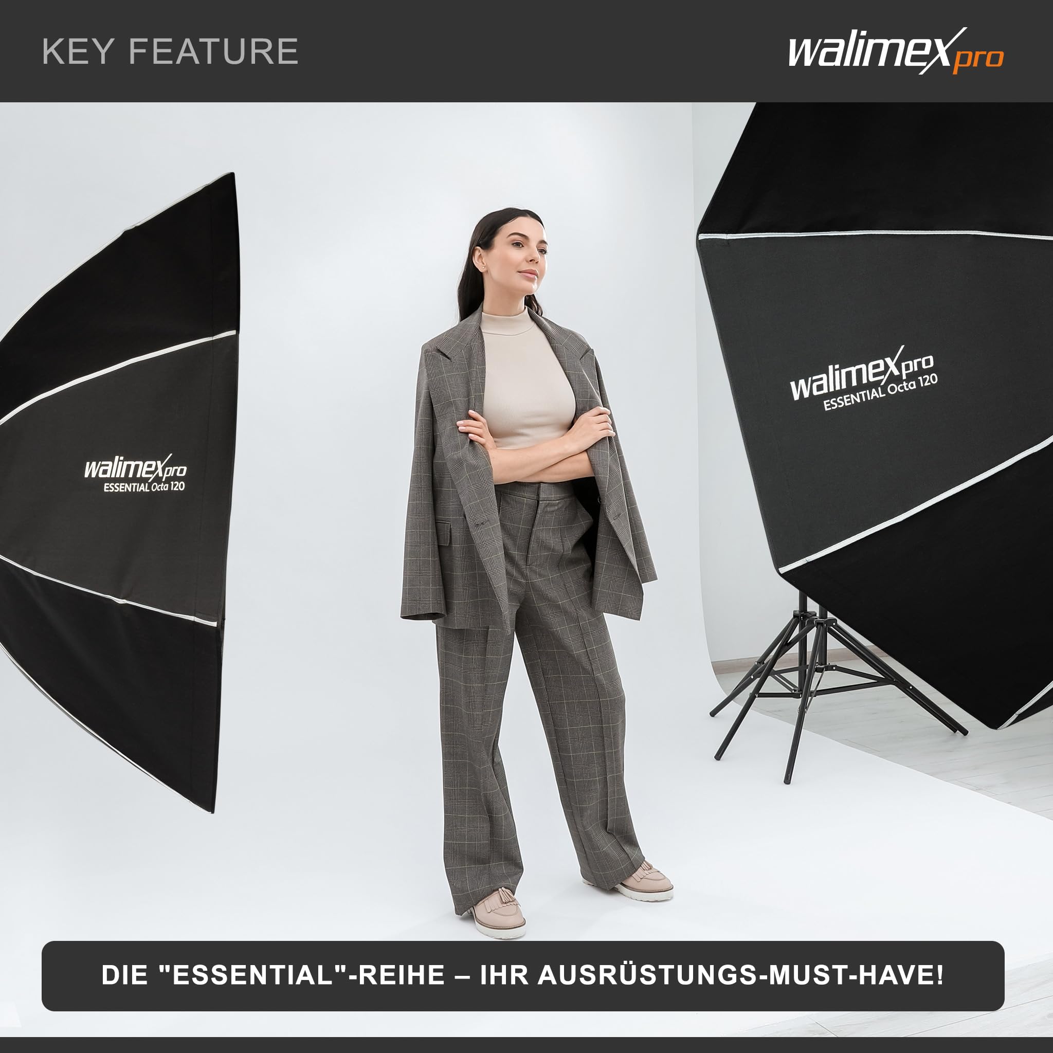 Walimex pro Essential Softbox Octagon 120 cm, Rotation à 360°, Montage Facile, avec Grille, Adaptateur Bowens et Sac de Transport, idéal pour Les Portraits et Les Prises de Vue de beauté