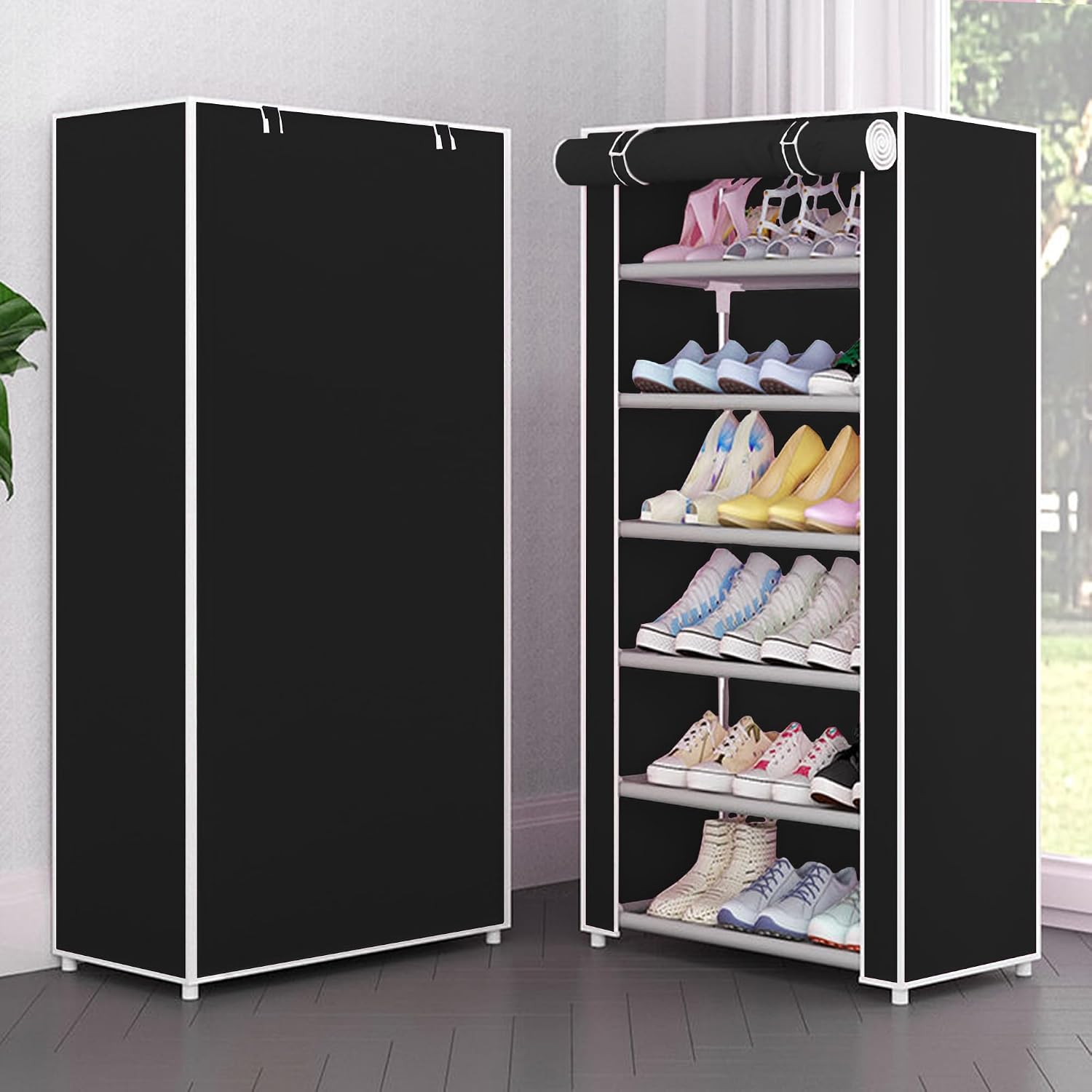 Jaffix Shoe Rack Stand for Home Multipurpose Storage Organizer Lightweight with Iron Pipes Dust Proof Cover Cotton Printed...