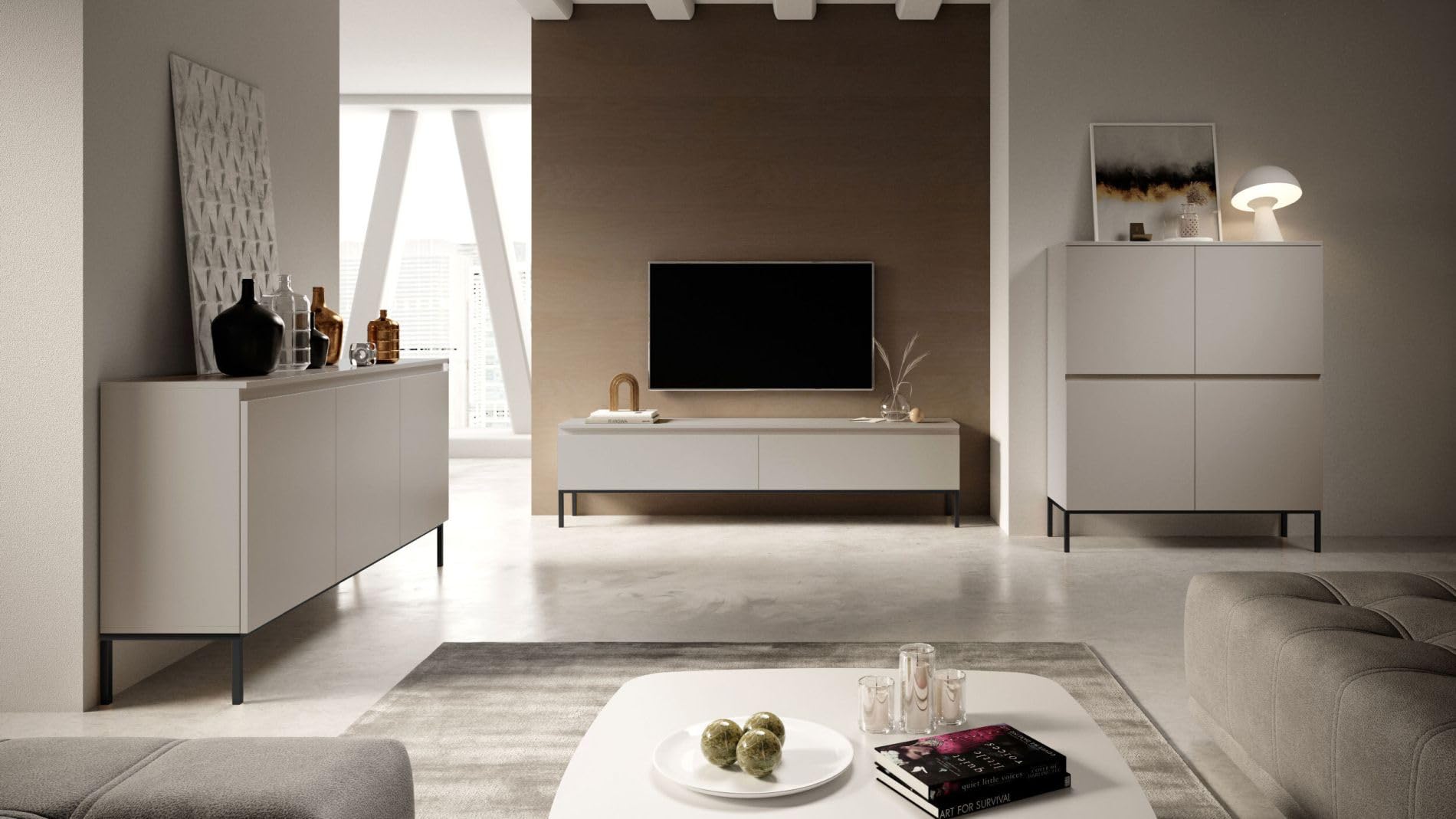 Selsey Bemmi - TV-Schrank Lowboard, Beige mit schwarzen Beinen, 150 cm