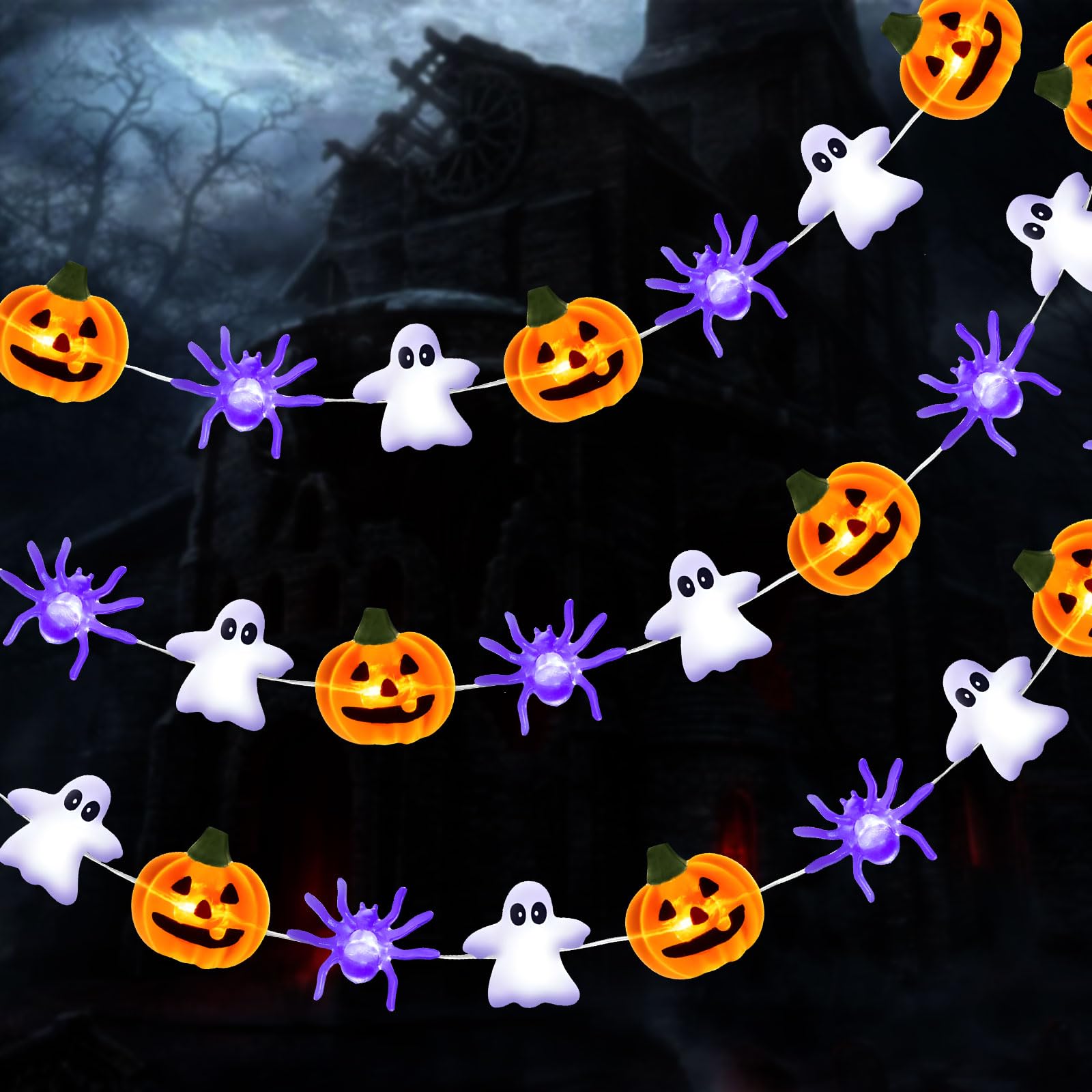 MICJLLT Halloween Decorations Lights,Fairy wtih Spider Ghost Orange Pumpkin Lights Battery Operated,Pumpkin String Lights for Halloween Party Indoor Outdoor Home Festival Suppiles(9.8 FT 30LED)
