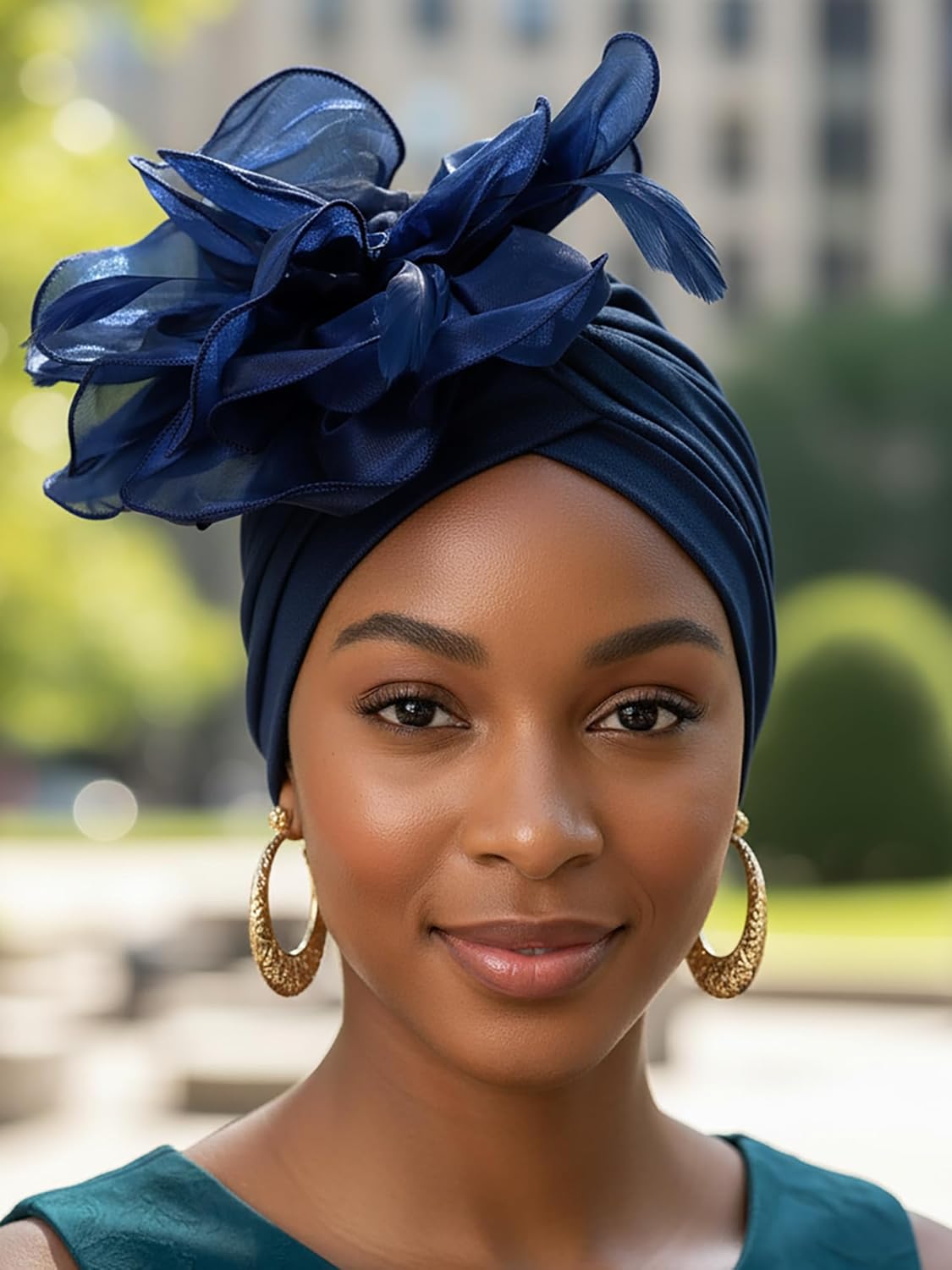 Woeoe Flower Turban Cap 20s Feather Fascinator Headwrap for Women - Image 3