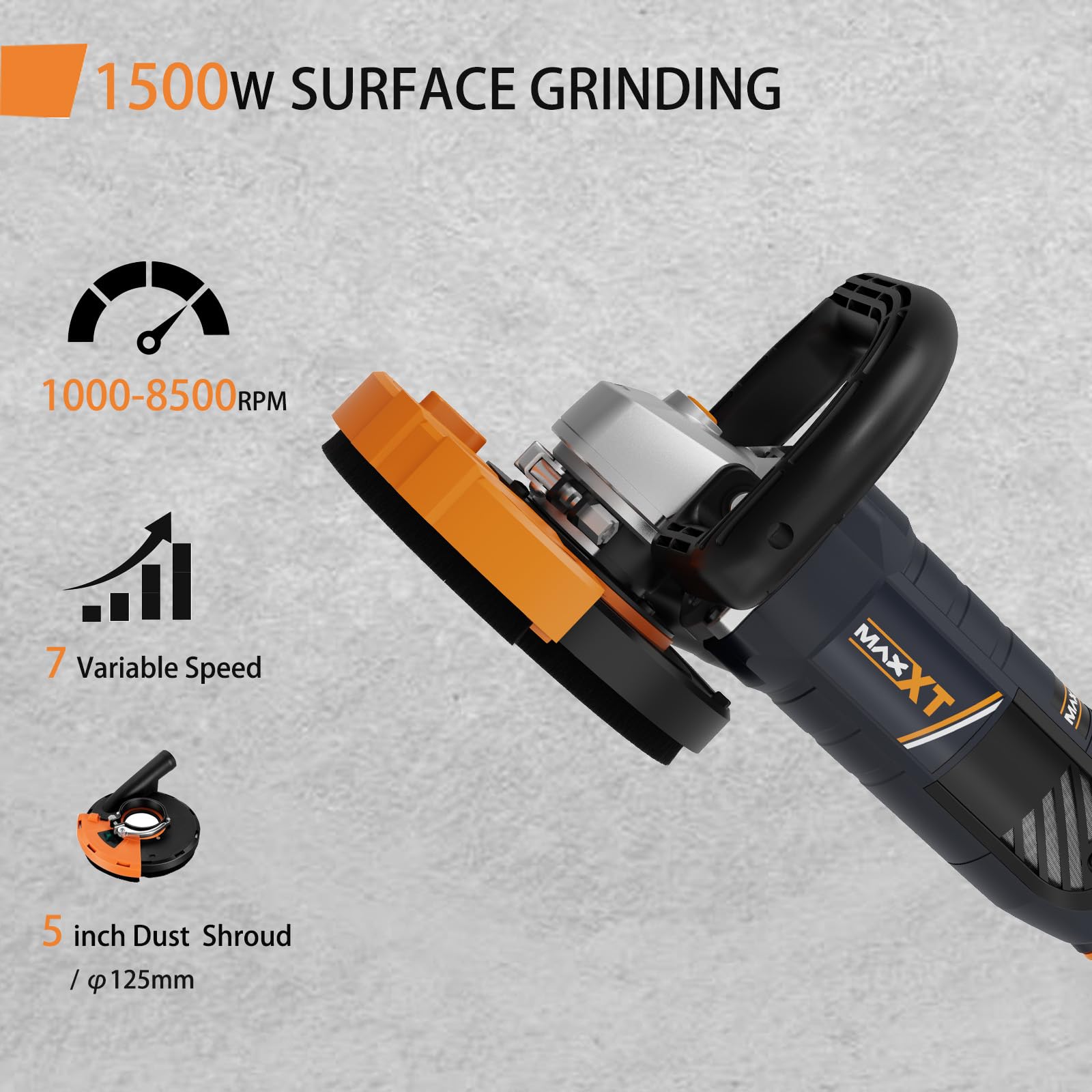 Levigatrice per Cemento 1500W, MAXXT Smerigliatrice per calcestruzzo 1000-8500RPM 7 Velocità Regolabili, Levigatrice per Calcestruzzo con Protezione Rimovibile(Include due dischi abrasivi al diamante)