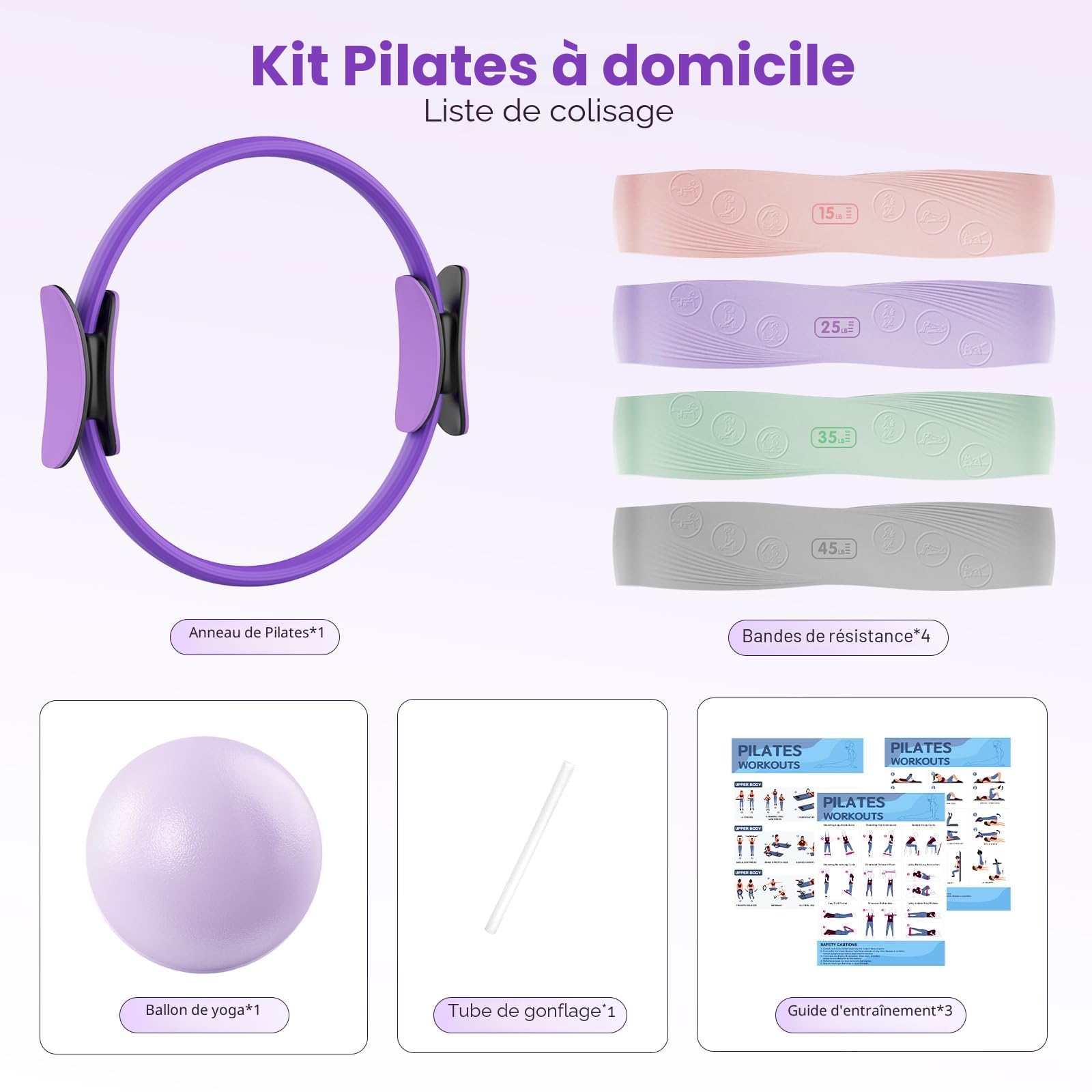Set Anneau Pilates avec Cercle Pilates, 4 Bandes Résistance 15-45 LB, Mini Ballon Anti-éclatement, Kit Pilates Maison