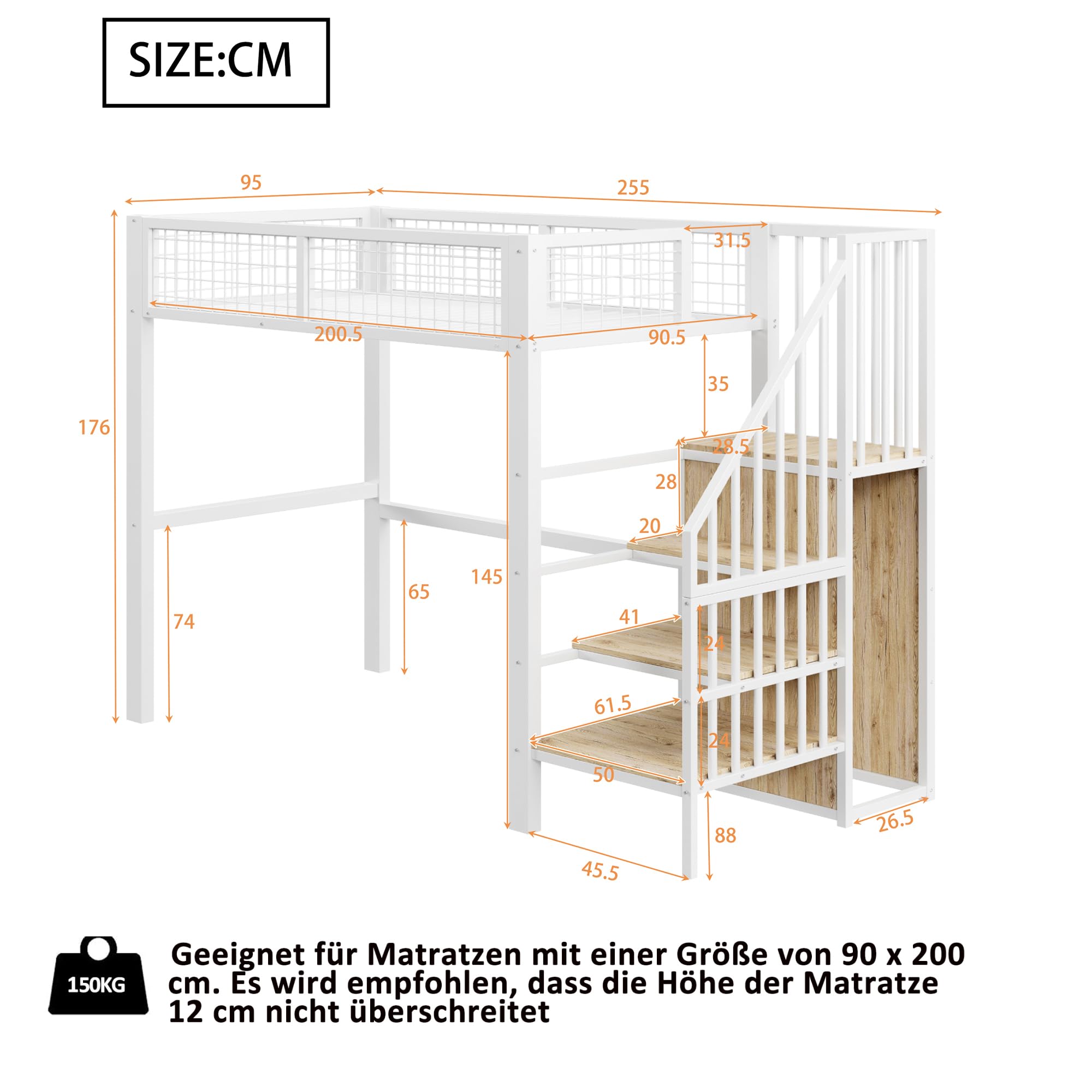 Moimhear Letto a soppalco 90 x 200 cm, letto in ferro con scaletta, lettino con telaio in ferro e scaffalatura, armadio (Bianco)