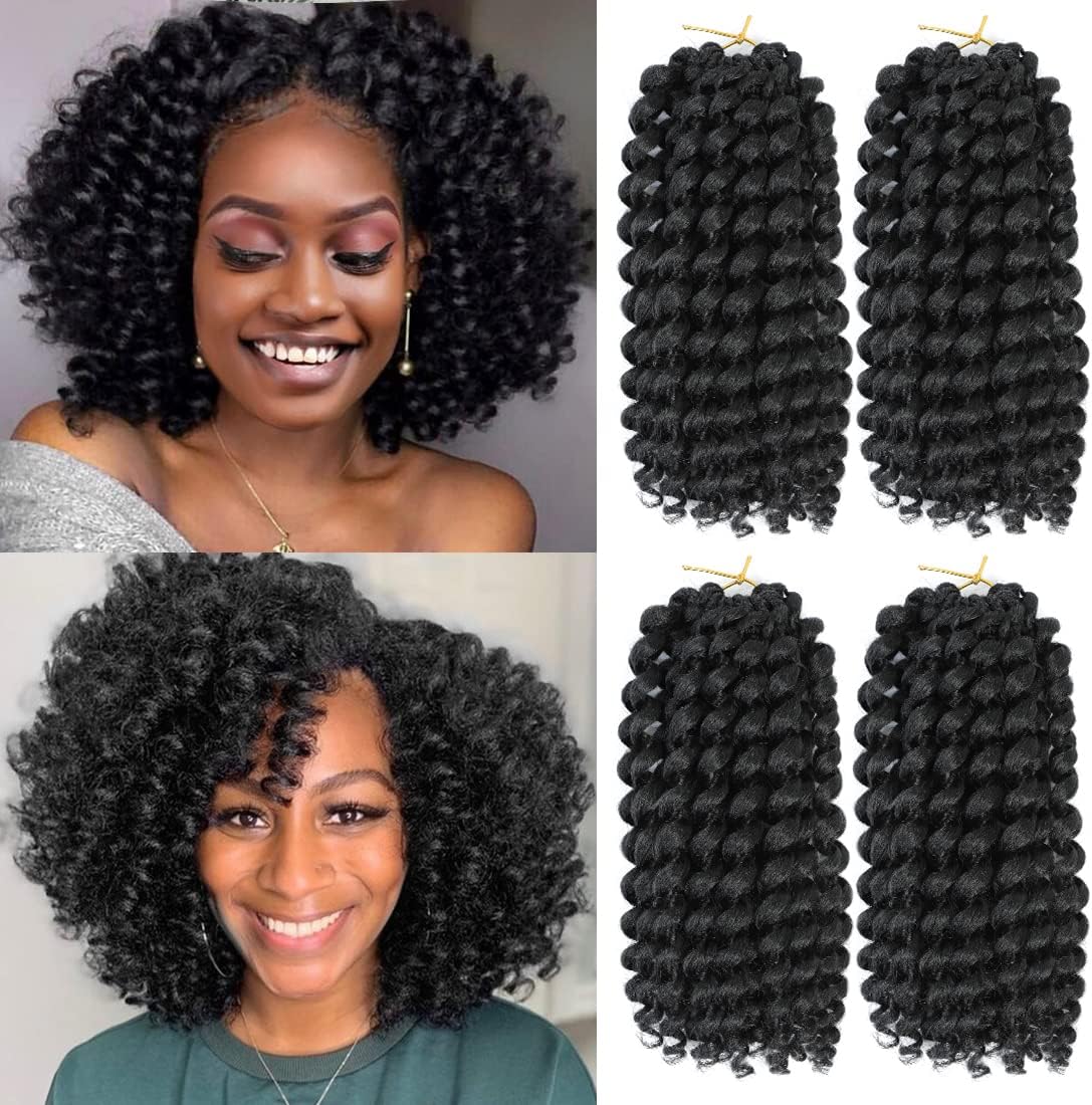 12inch Jamaican Bounce Crochet Hair For Black Women 4packs 72 Roots Natural Black Jumpy Wand Curls Hair Short Pre Looped Curly Hair (12inch (pack of 4), 1B)