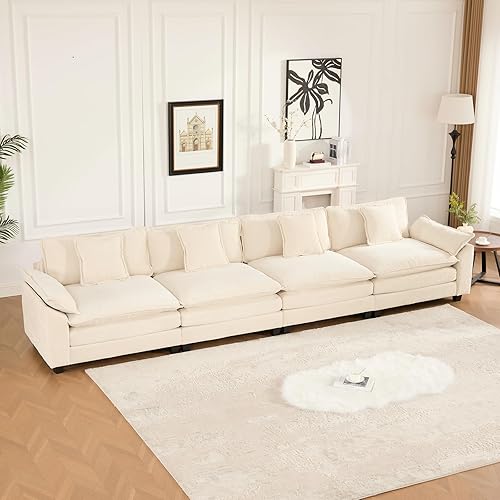 Miniatura 10 de Sofá seccional modular beige de 111.5", sofás seccionales grandes de 3 plazas para sala de estar, tela de chenilla marfil blanquecino, sofá nube de