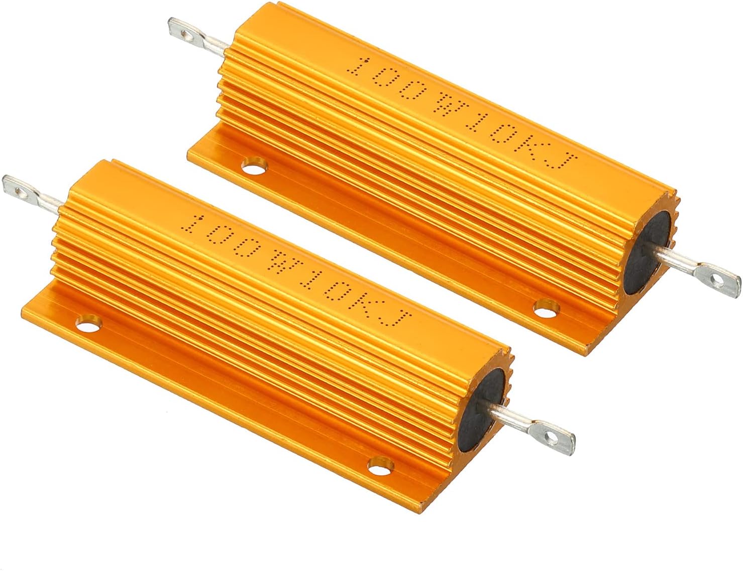 PATIKIL 100W 10K Ohm Aluminum Shell Resistor, 2 Pack Aluminum Housing Resistor Housed Case Wirewound Resistors Screw Tap Power Resistor, Golden
