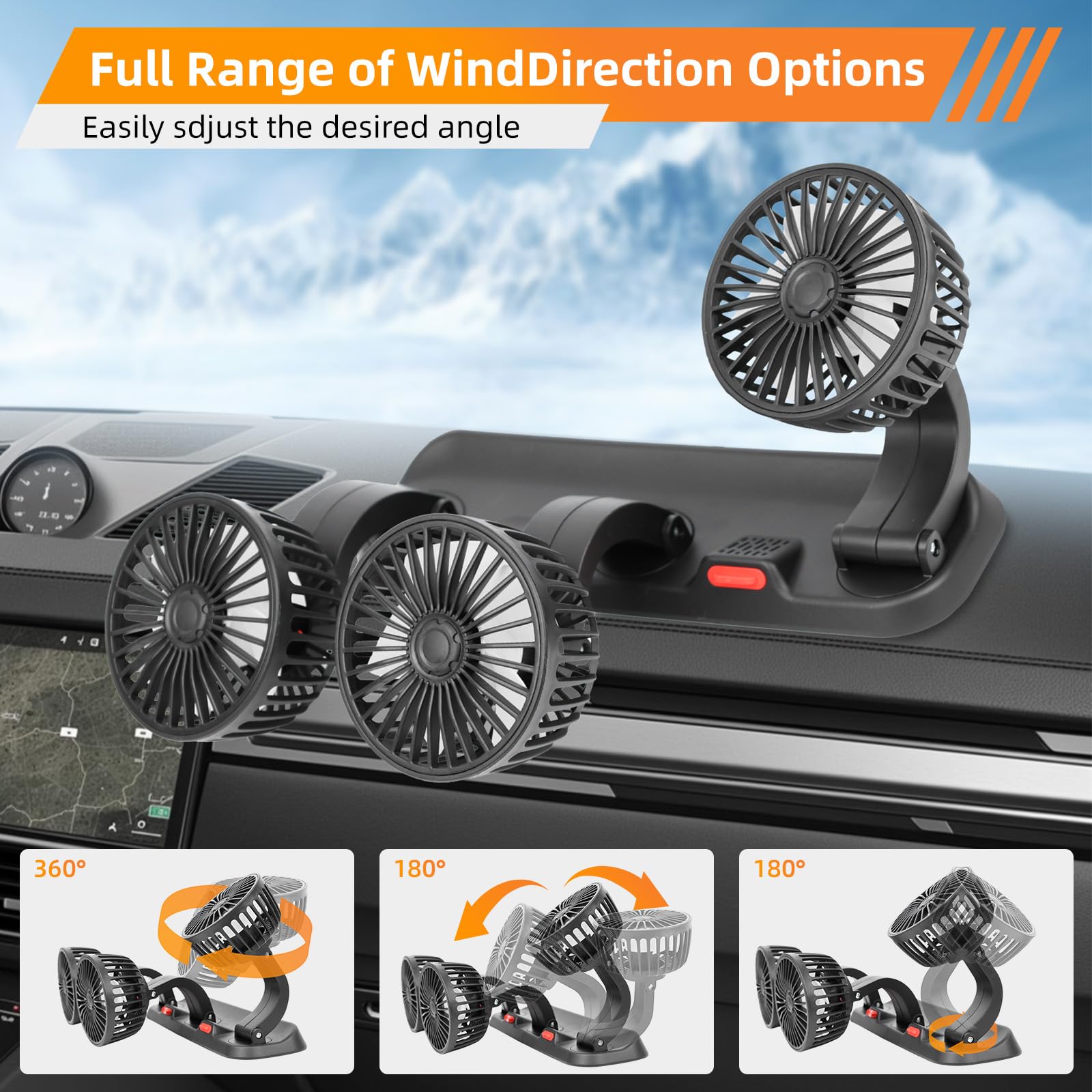Ventilatore elettrico per auto Riloer 5V / 12V / 24V, ventilatore d'aria portatile a tre teste, ventilatore di circolazione dell'aria di rotazione a 360 °, USB/accendisigari alimentato